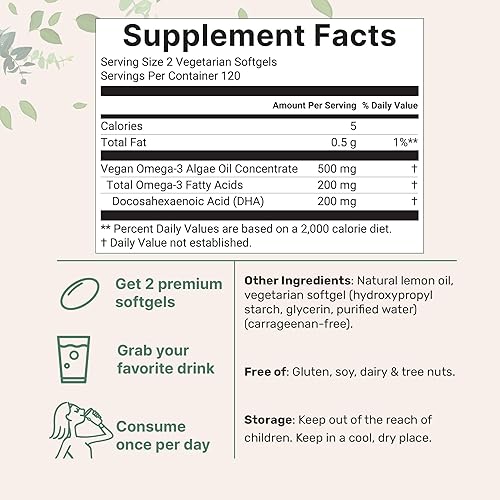 Miniatura 2 de Aceite de pescado Omega-3 para niños, 240 cápsulas blandas vegetarianas  Omega 3 vegano con 200 mg de DHA  Sabor a limón  Alternativa al aceite de