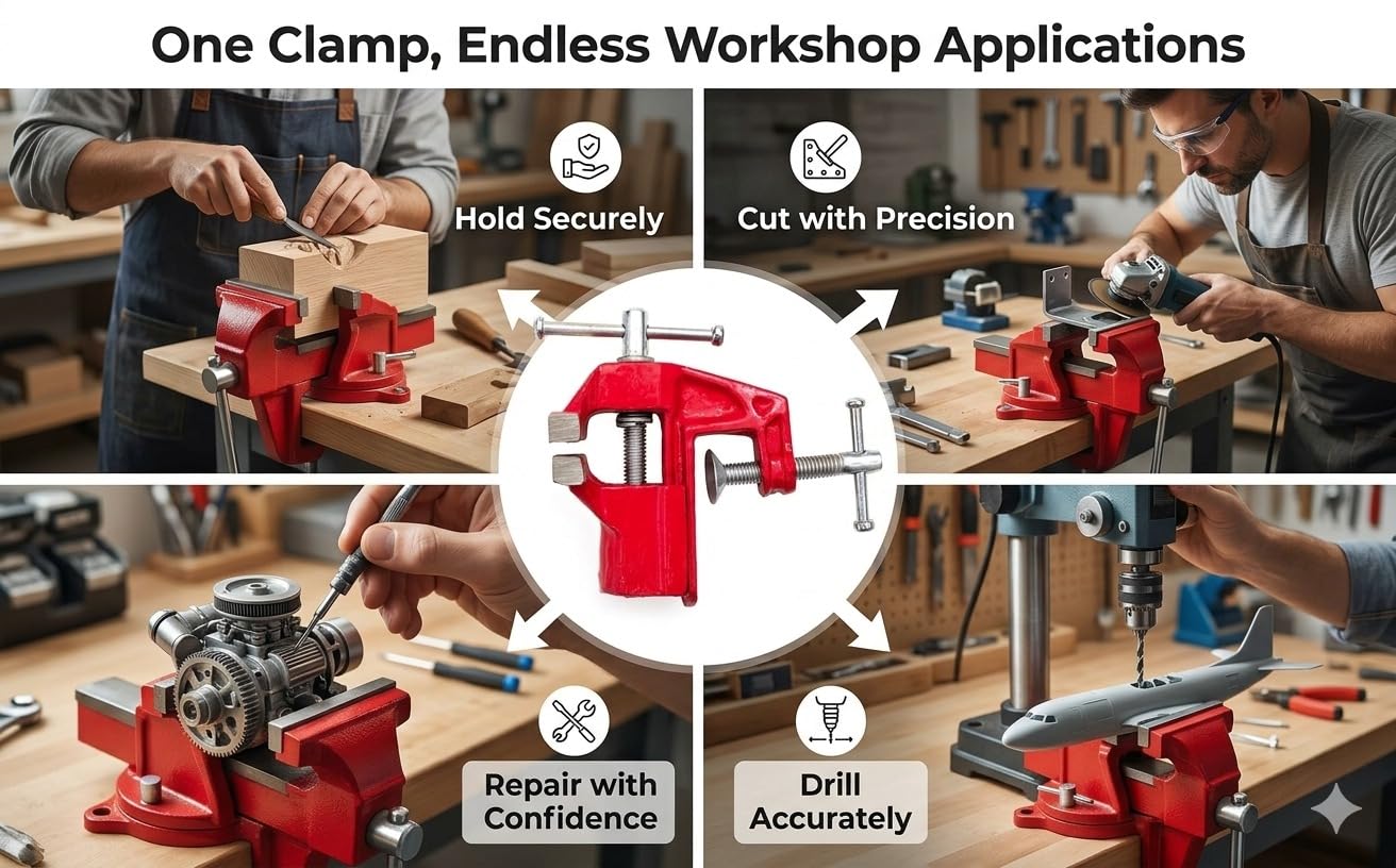GLOBUS 385 50mm Cast Iron Bench Vise - Heavy Duty Baby Clamp for Woodworking, Drilling & Cutting - Portable Table Top Holding Tool for Carpentry, Repair, Home DIY, Workshop & Industrial Use 4