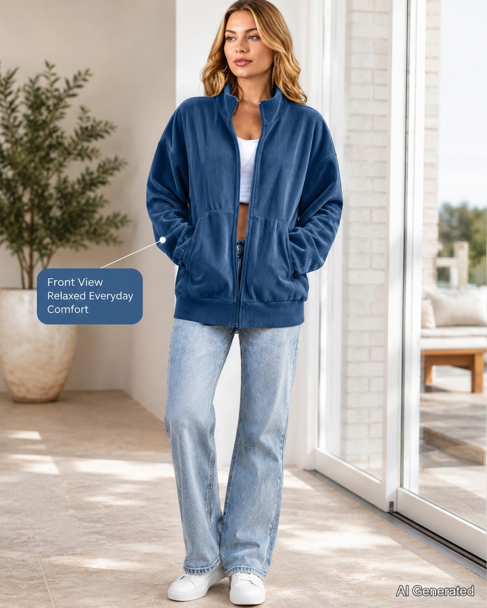 Oversized Jacket For Women Full Zip Stand Collar Long Sleeve With Pockets