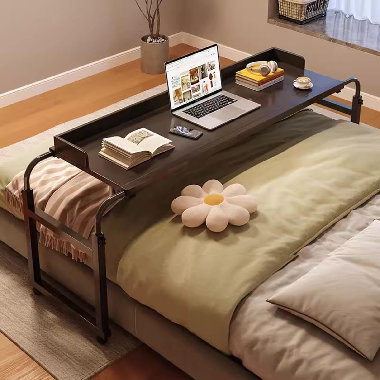 ZHFASDS Overbed Table With Wheels，Mobile Desk With Adjustable Height Food Tray Desk Rolling Medical Table Laptop Bed Table Standing Over Bed Table King Size(Color:Black)