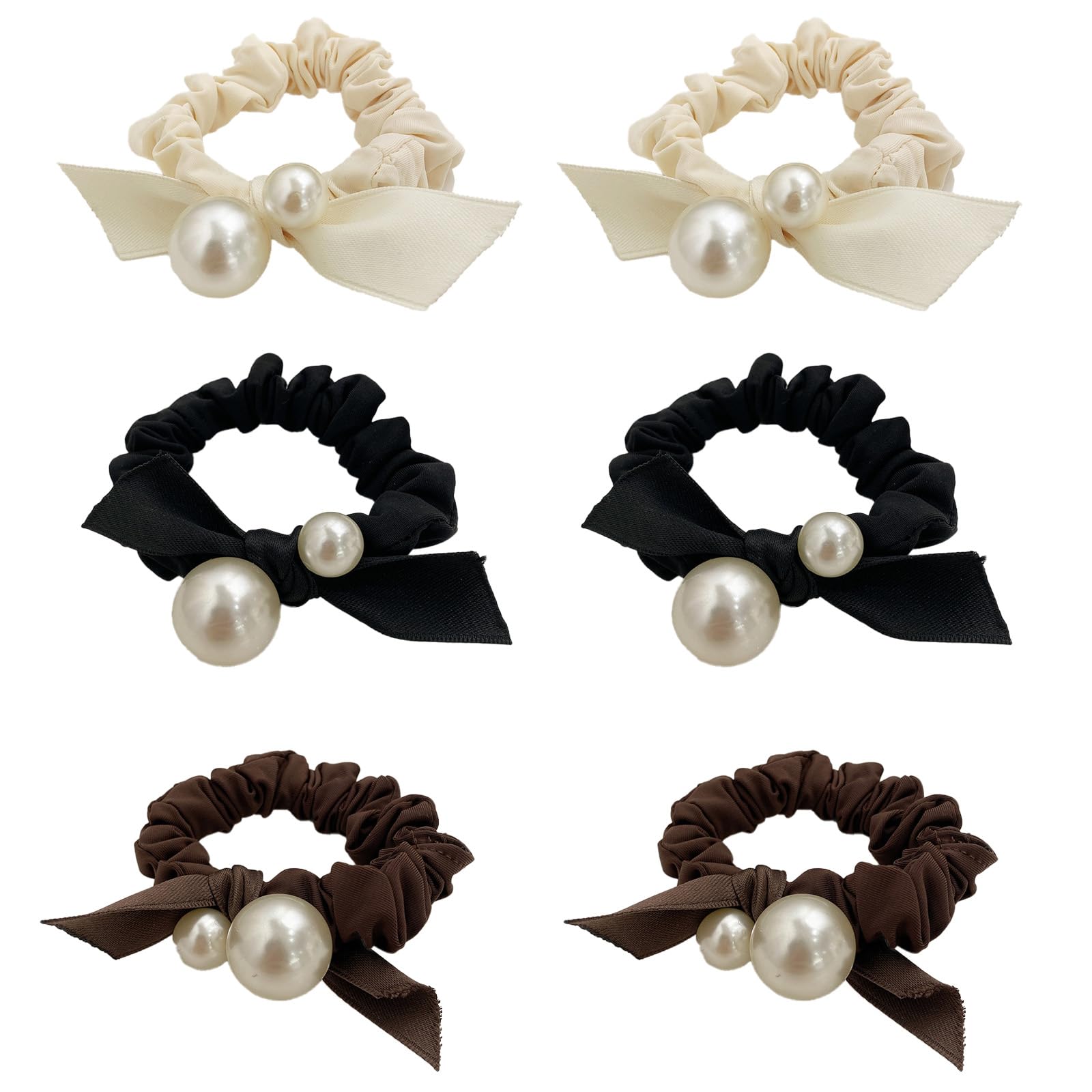 6Pcs 3Colour Pearl Bow Hair Scrunchies,Fashion Minimalist Artiricial Pearl Hair Scrunchies Elastic Hair Band For Women Girls Ponytail Hair Accessories