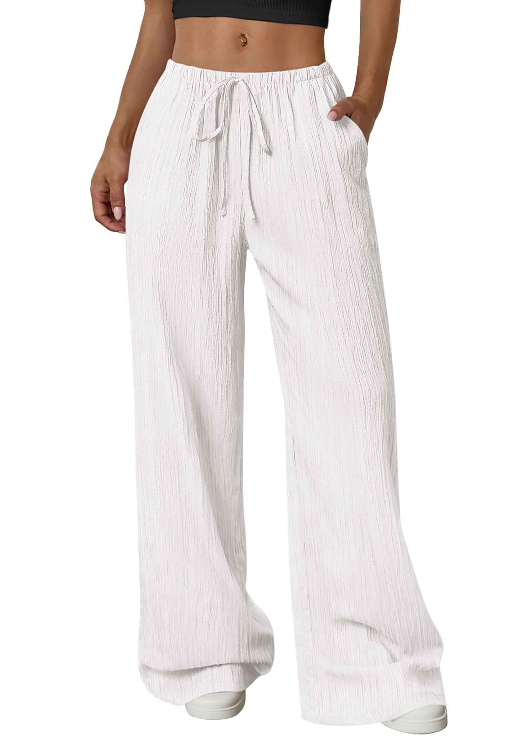 PRETTYGARDEN Women's Palazzo Pants Casual Wide Leg Trousers Crinkle Texture, Side Pockets, Decorative Drawstring, Elastic High Waist, Relaxed Fit, Beach Wear, Lightweight Flowy Slacks