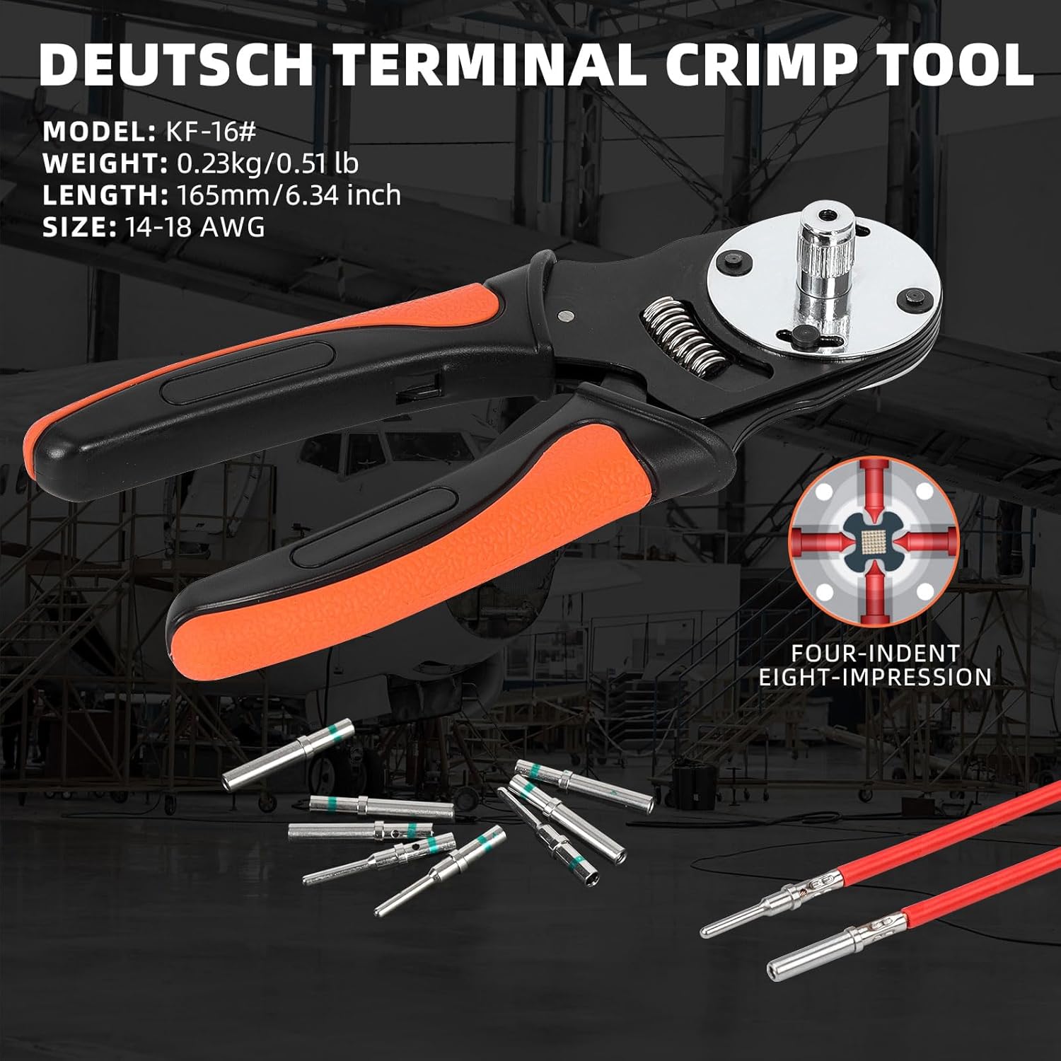 KF CPTEC Closed Barrel Crimper 4-Way Indent, 8-Impression Crimper for Deutsch Solid Contacts – Compatible with DT Series – Gauge 14, 16, 18