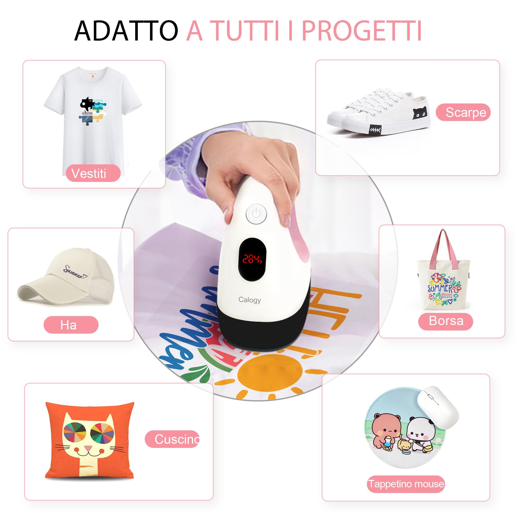 Calogy Pressa a Caldo Mini, Termopressa per Magliette Controllo Costante Temperatura, Macchina per Trasferimento Termico con Base Sicurezza Isolata per Artigianato Vestiti Cappelli