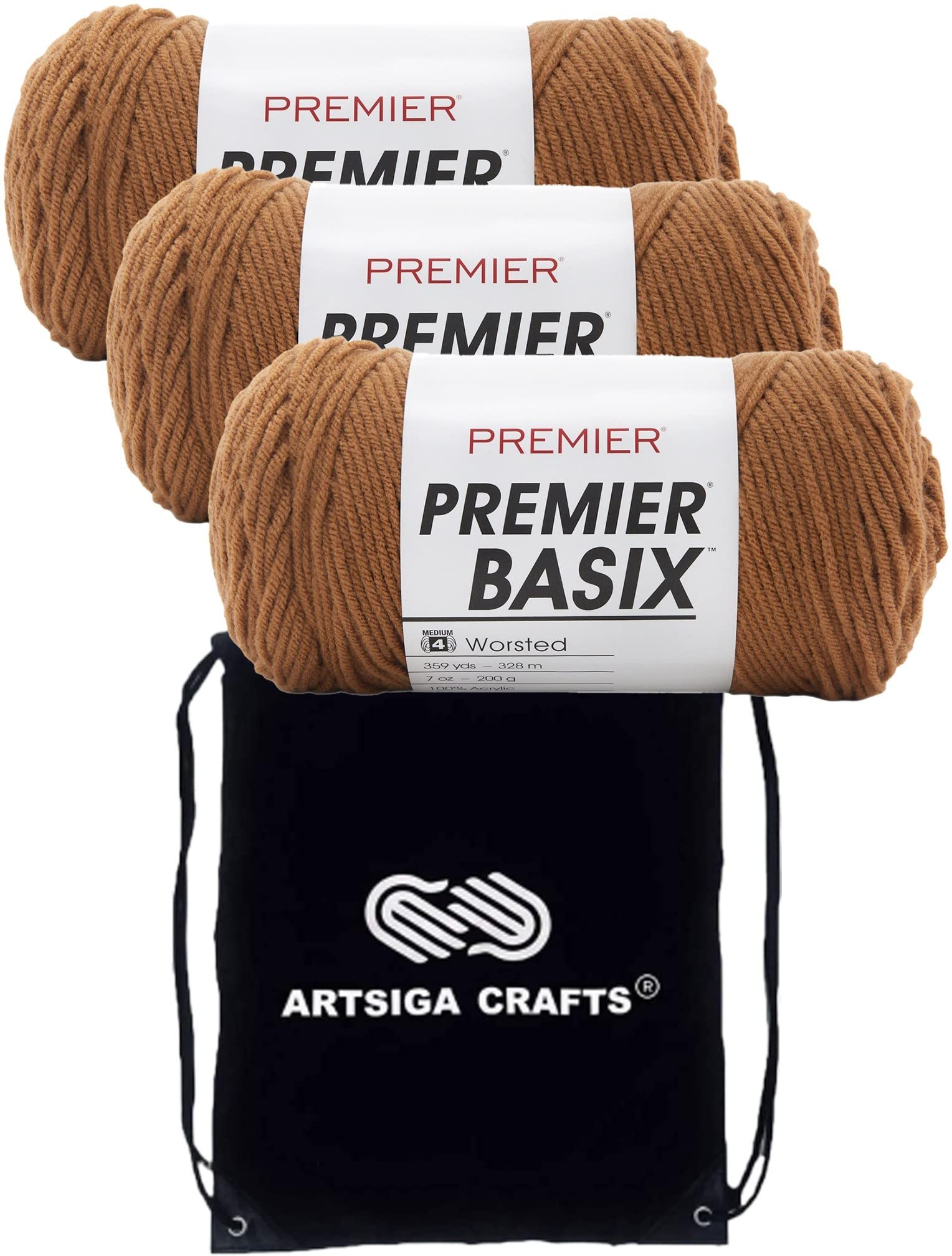 Premier YarnsBasix Butterscotch 1115-54 (3-Skeins - Same Dye Lot) Worsted Medium #4 Acrylic Yarn for Crocheting and Knitting - Bundle with 1 Artsiga Crafts Project Bag