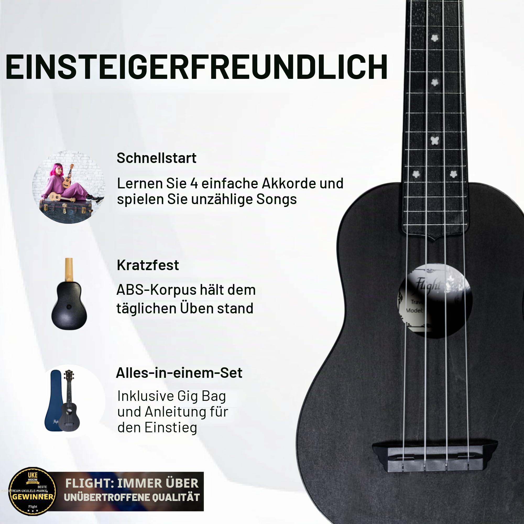 Flight, 4-saitige Travel Series Sopran-Ukulele, schwarz (TUS-35 BK)