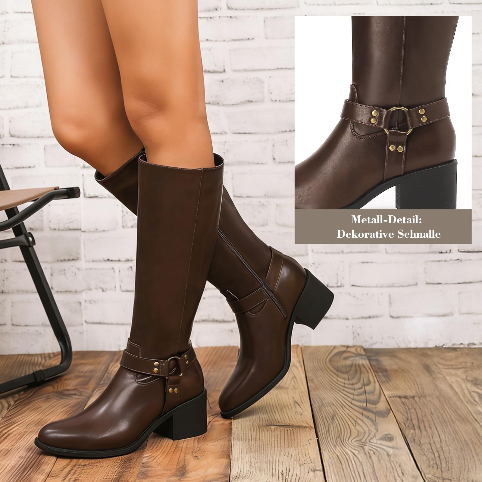 Putu Damen Stiefel weiter Schaft Blockabsatz Reißverschluss 36-41 | Kniehohe Damen Stiefel aus Kunstleder mit weitem Schaft, Reißverschluss, Blockabsatz und Schnalle für Alltag