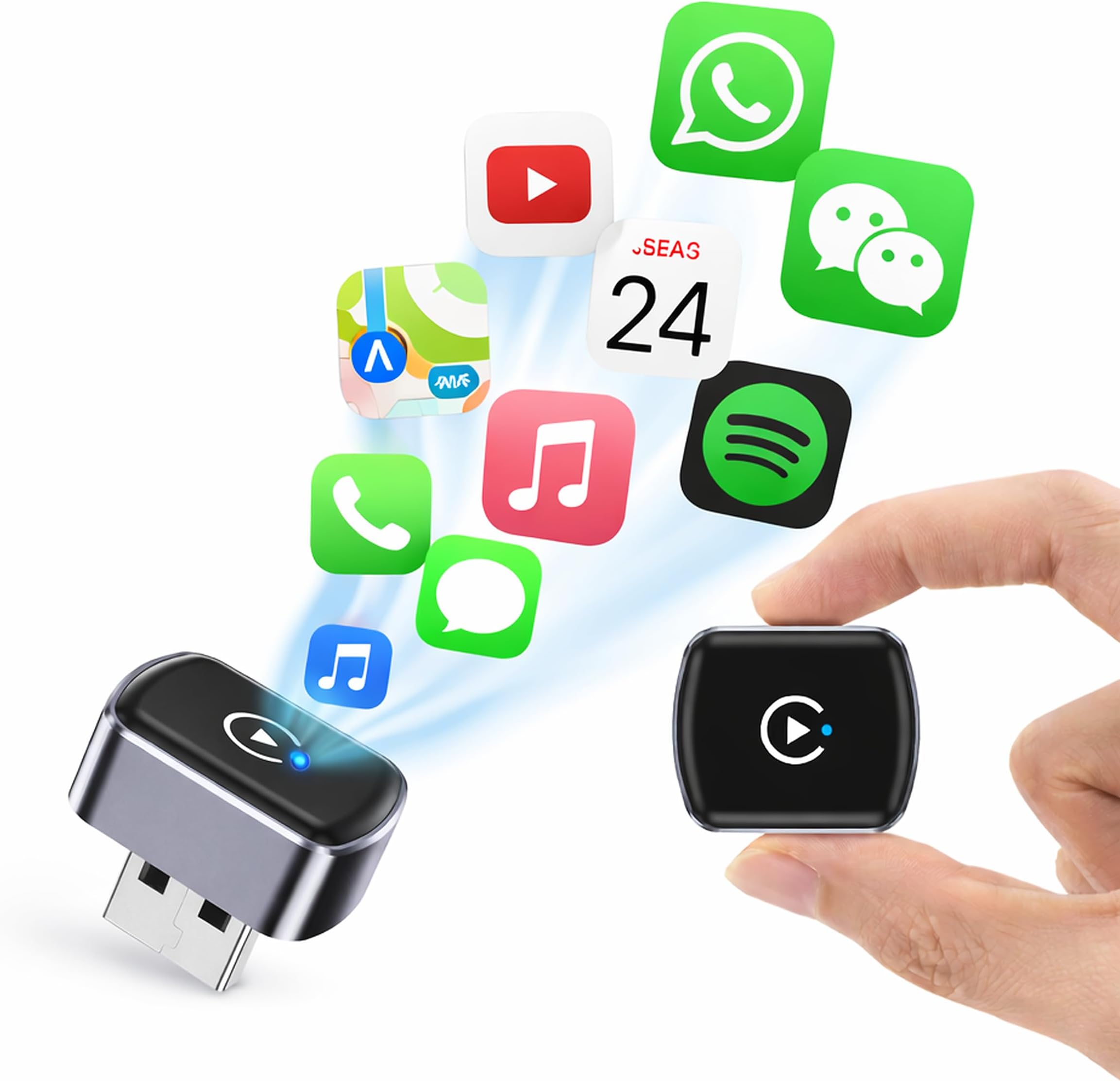 Spiffy 2-in-1 USB Wireless CarPlay Adapter, Advance Siri Support Plug and Play Bluetooth Wireless Car Receiver for OEM Systems for Compatible Car Models