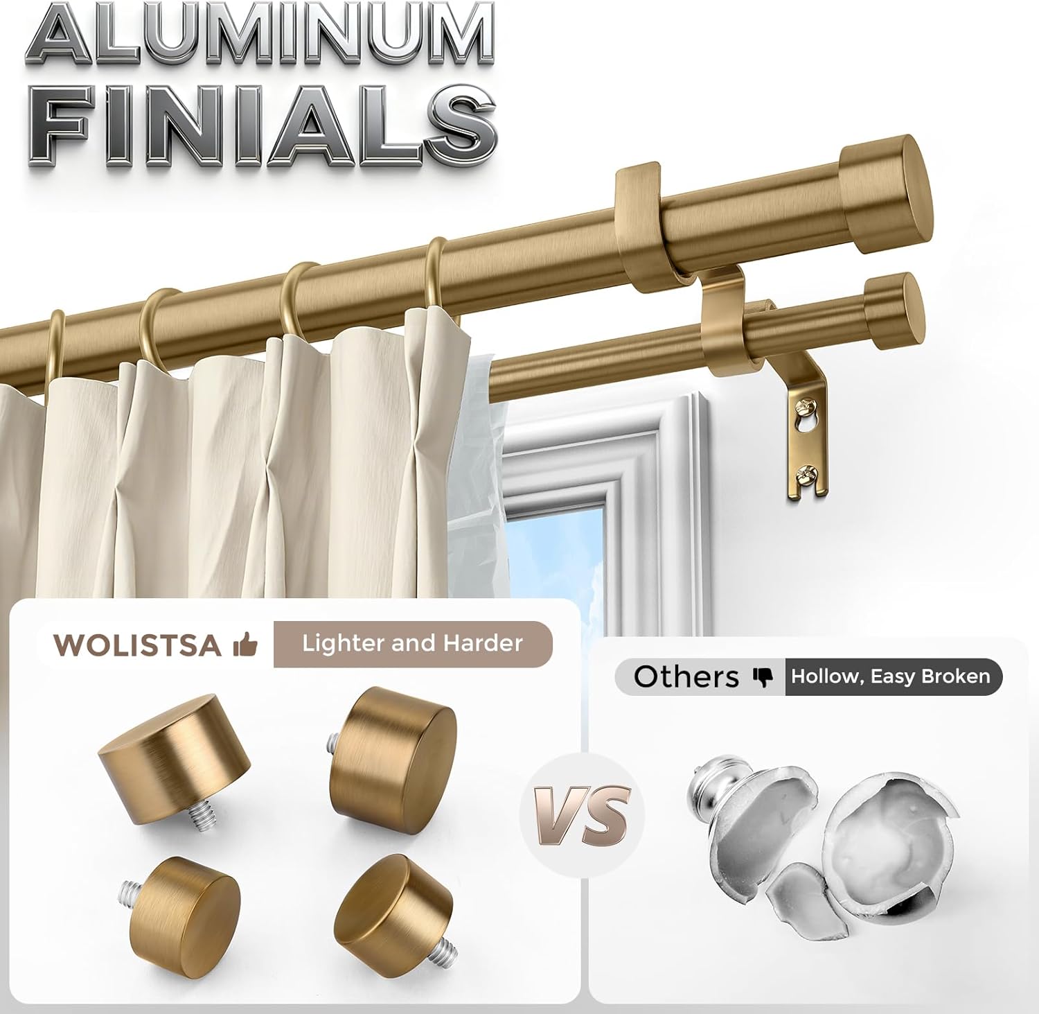 Warm Gold Double Curtain Rod, Brass Dual Curtain Rods for Windows 36 to 72 Inch, 1 Inch Adjustable Heavy Duty Spliced Double Rod, Pro-Plating Process, Aluminium Finials Warm Gold 36"-72"