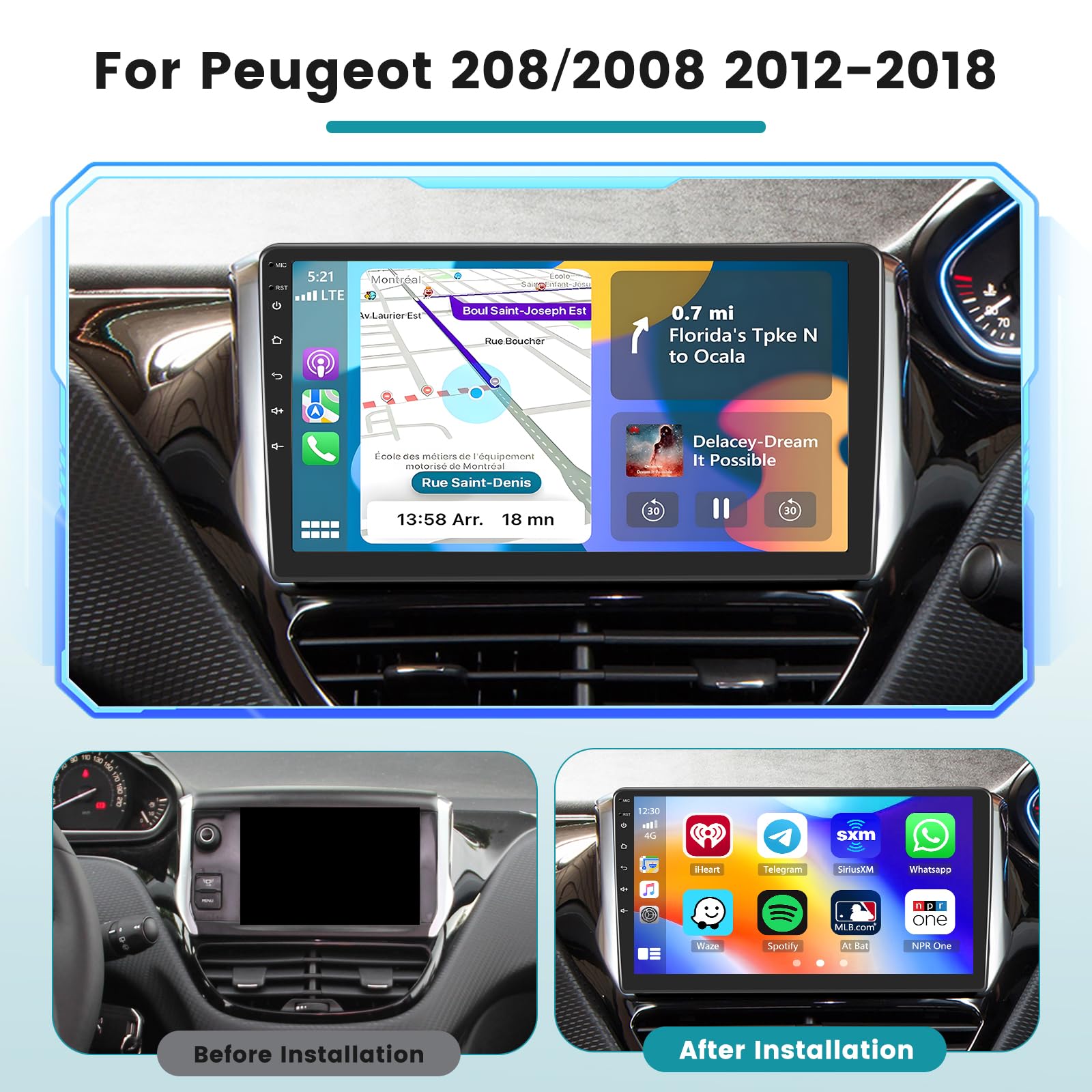 Hikity Android 15 Autoradio pour Peugeot 208/2008 2012-2018 avec 2G+64G | Carplay sans Fil Android Auto 10.1'' Poste Radio avec GPS, WiFi, Bluetooth, Mirror Link, FM/RDS, MIC, SWC, Caméra de Recul
