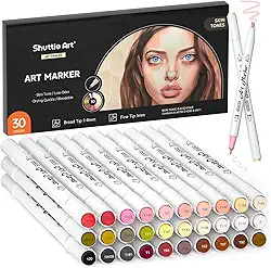 Conjunto de 30 cores de tons de pele e marcadores de arte de cabelo, Shuttle Art com ponta dupla à base de álcool contém 1 misturador perfeito para retrato de crianças e adultos, quadrinhos, anime, mangá, ilustração.