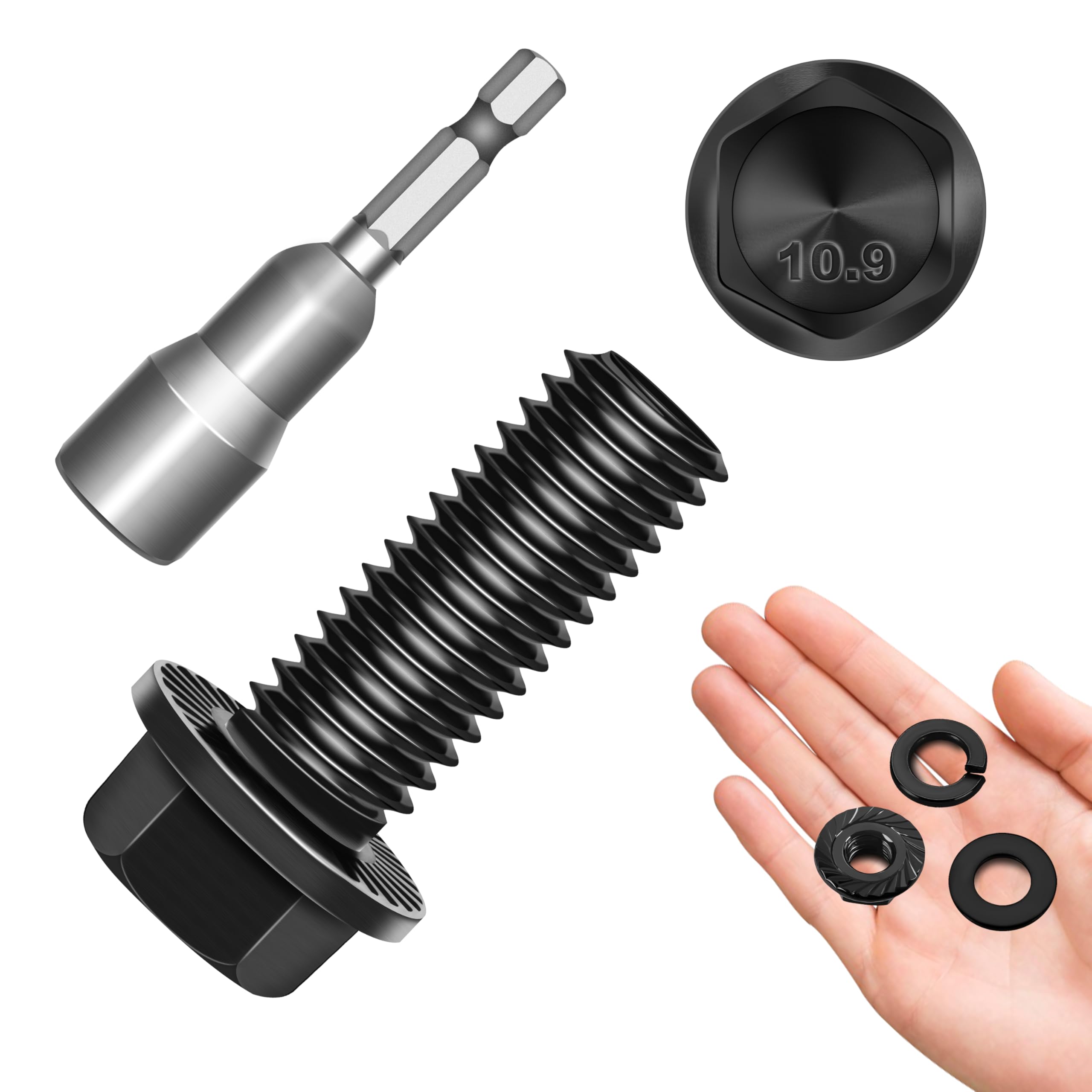 Mywish M10 x 25mm Flanged Hex Head Nuts and Bolts Set - M10x1.5 Black Flange Hexagon Screws With Washers - 10.9 Grade Alloy Steel Metric Assortment (