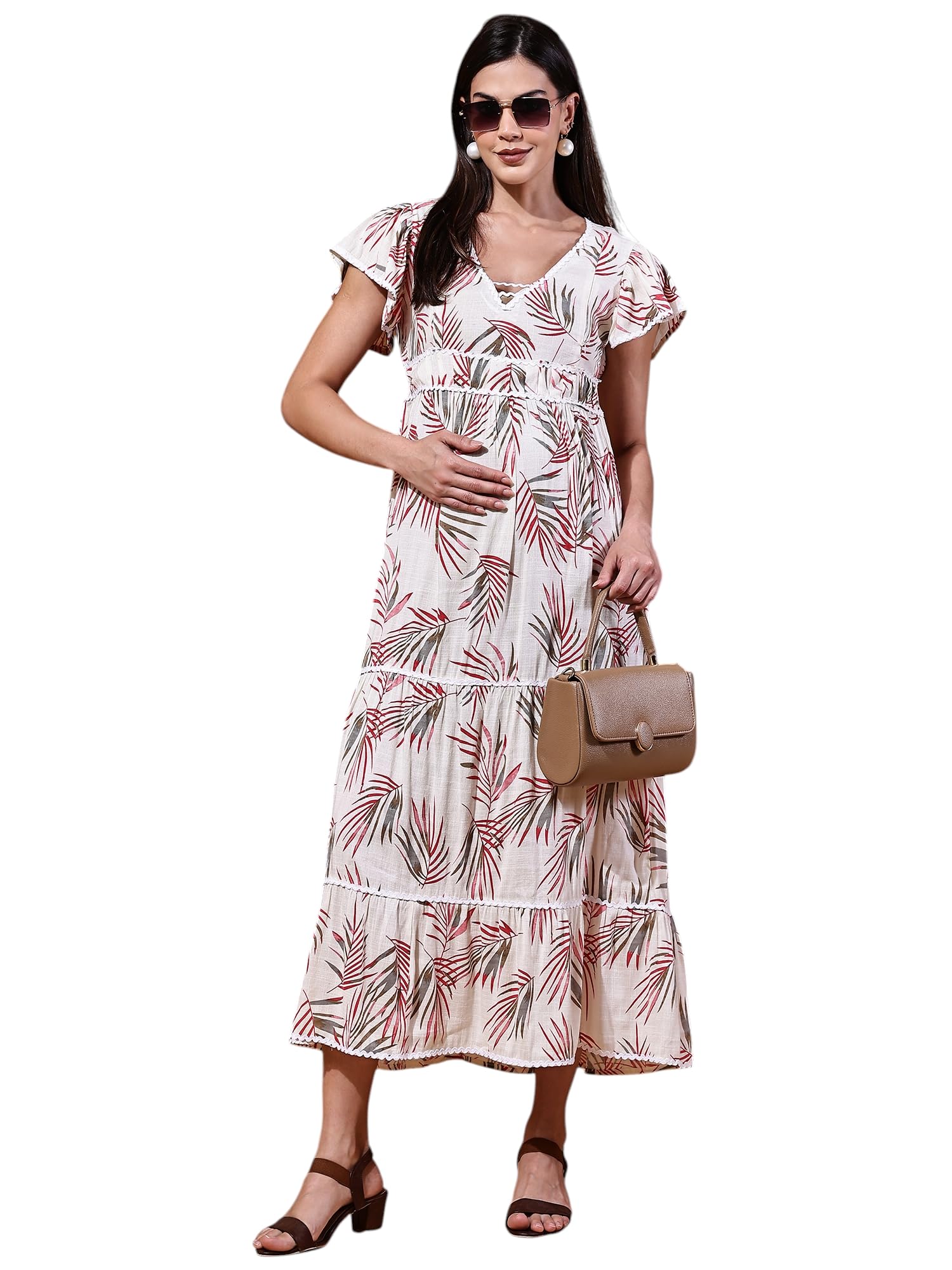 moms maternity Women's Floral Print Cotton offwhite Color Maternity Maxi Dress-picture-19