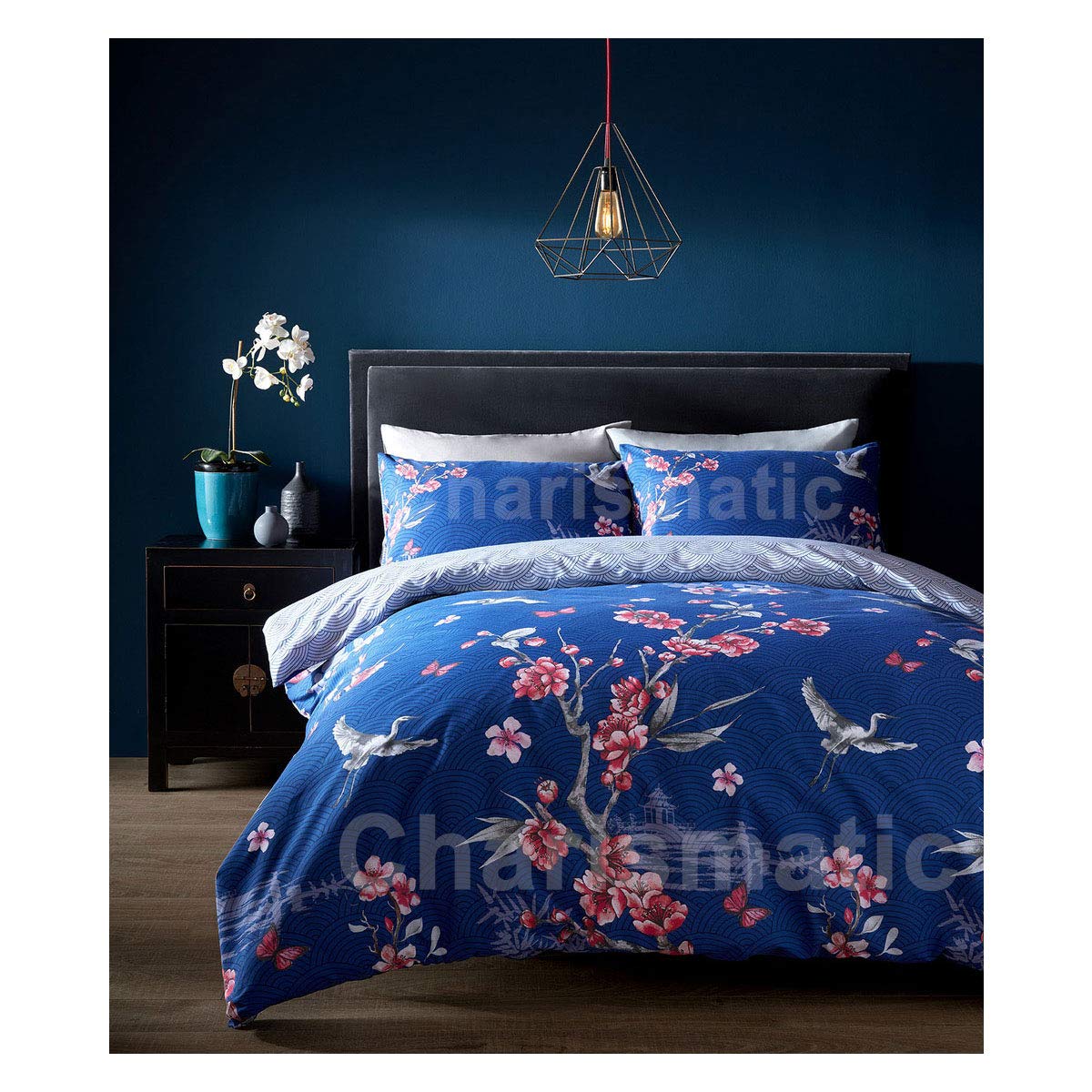 Gc Gaveno Cavailia Navy Luxurious Akari Bed Set With Duvet Cover And Pillow Cases, Polyester-Cotton, Double