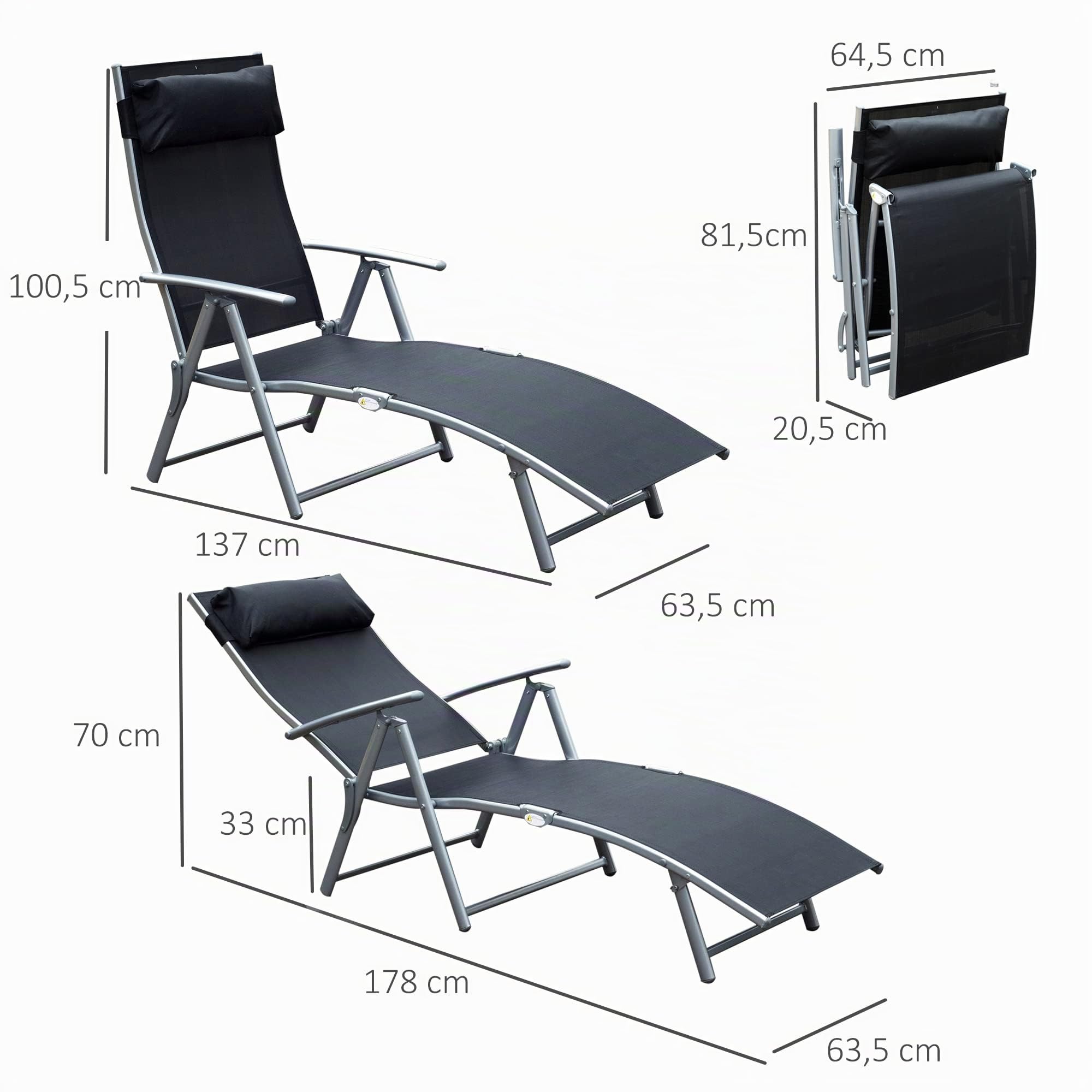 Outsunny Transat Jardrin Pliable Dossier Inclinable Multi-Positions Noir