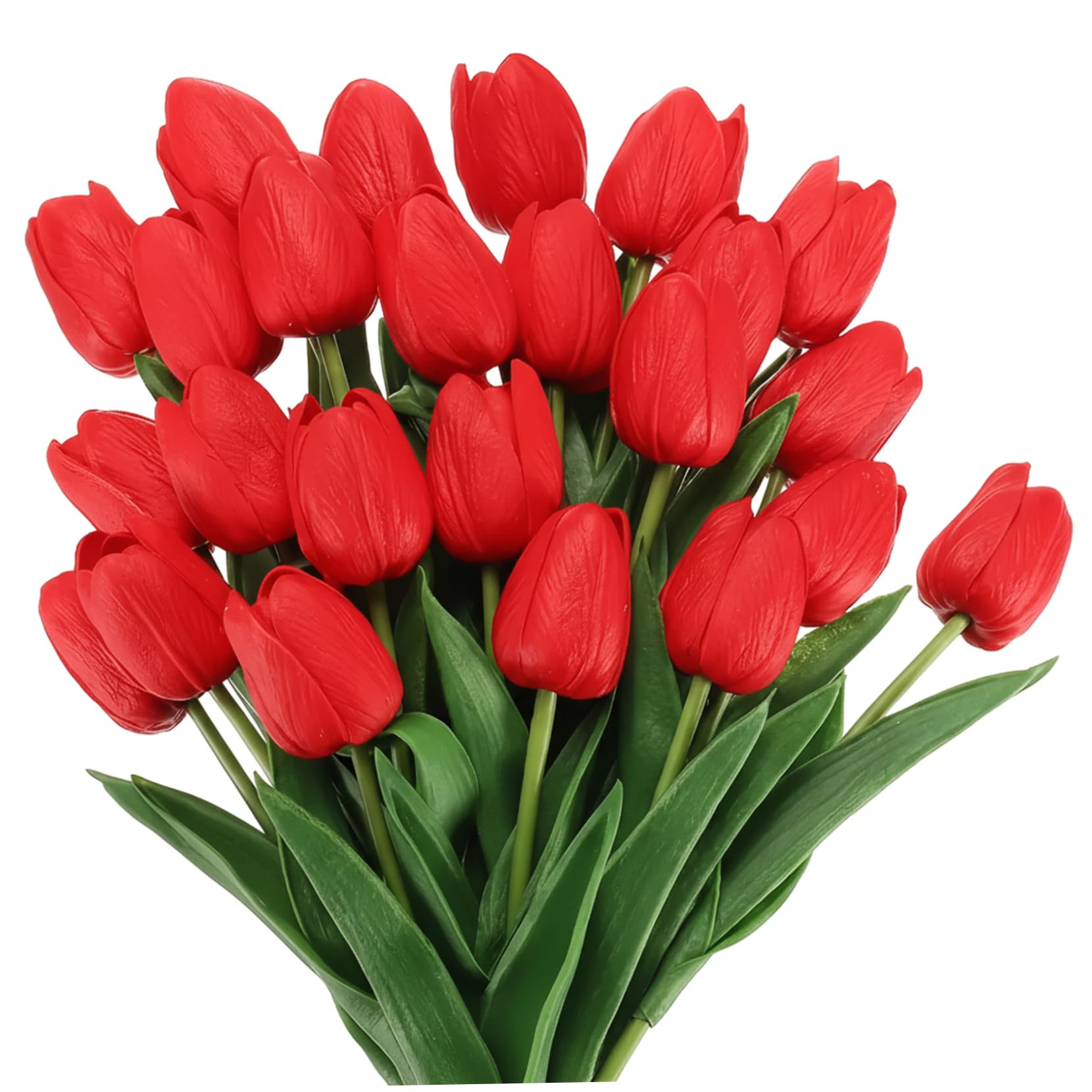 Ameble 20Pcs Red Realistic PU Artificial Tulips Faux Tulips Flower Heads for Home Decor Mother's Day Valentine's Day Table Centerpieces - Red