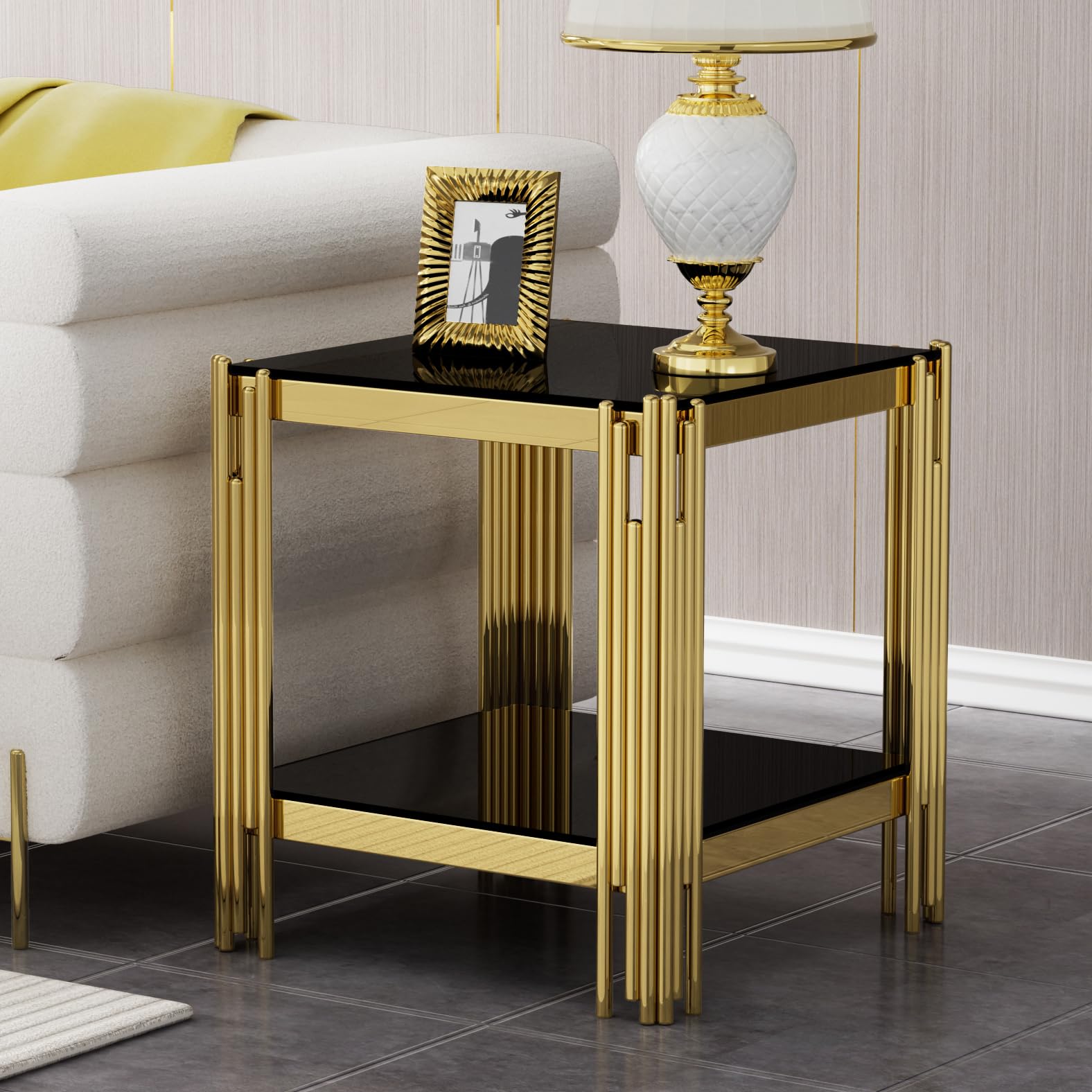 Goujxcy Modern Glass End Table Gold Sofa Side Table with Black Glass Top and Mirror Finish Stainless Steel Legs, Luxury Square Sofa Side Table Coffee
