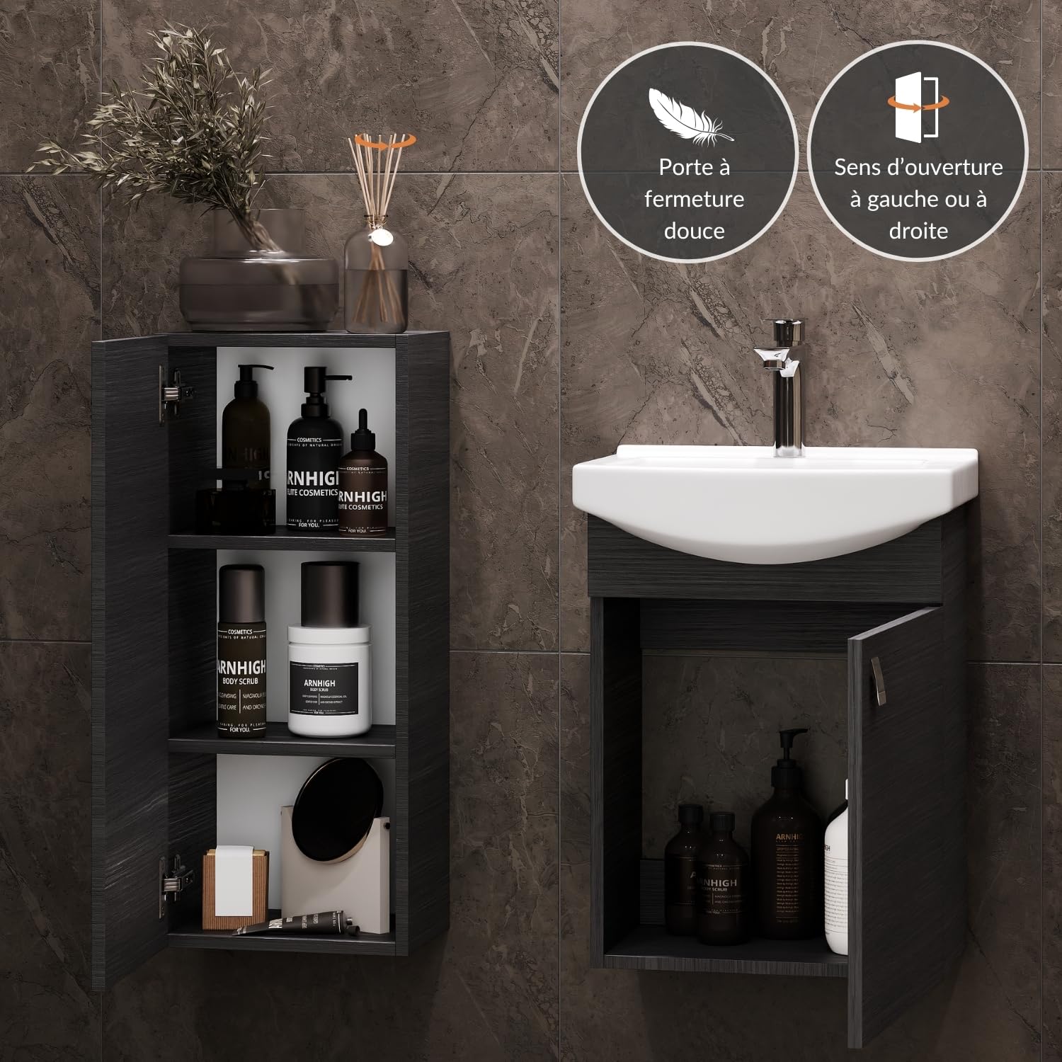 Ensemble Salle De Bain Anthracite - Meuble Vasque, Miroir Et Armoire | Design Moderne Avec Fermeture Soft-close
