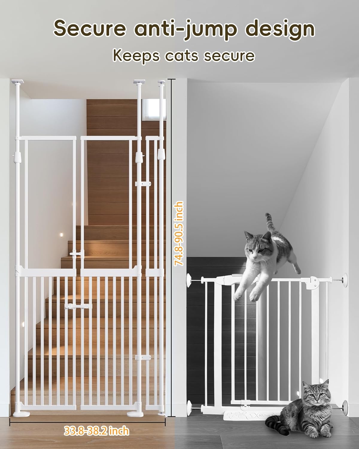 74.8"-90.5" Extra Tall Cat Gate, 33.8"-38.2" Width Pet Gate with Auto-Close Double Door and Clear View Panel, No Drilling Pressure Mount for Doorway Indoor Stairs Hallway