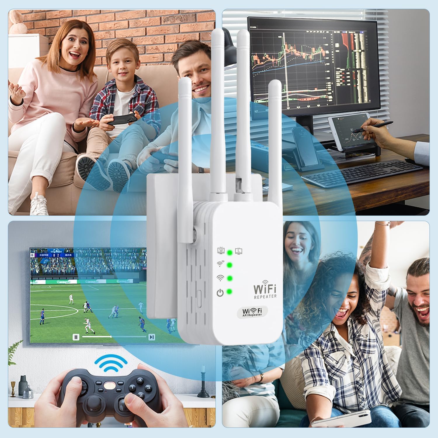 Repetidor WiFi, Amplificador WiFi 1200 Mbps, 5GHz/2.4GHz Potente Repetidor WiFi 4 Antenas, Puerto Ethernet Gigabit, WiFi Extender Booster Compatible con Todas Las Cajas de Internet, Aumenta la