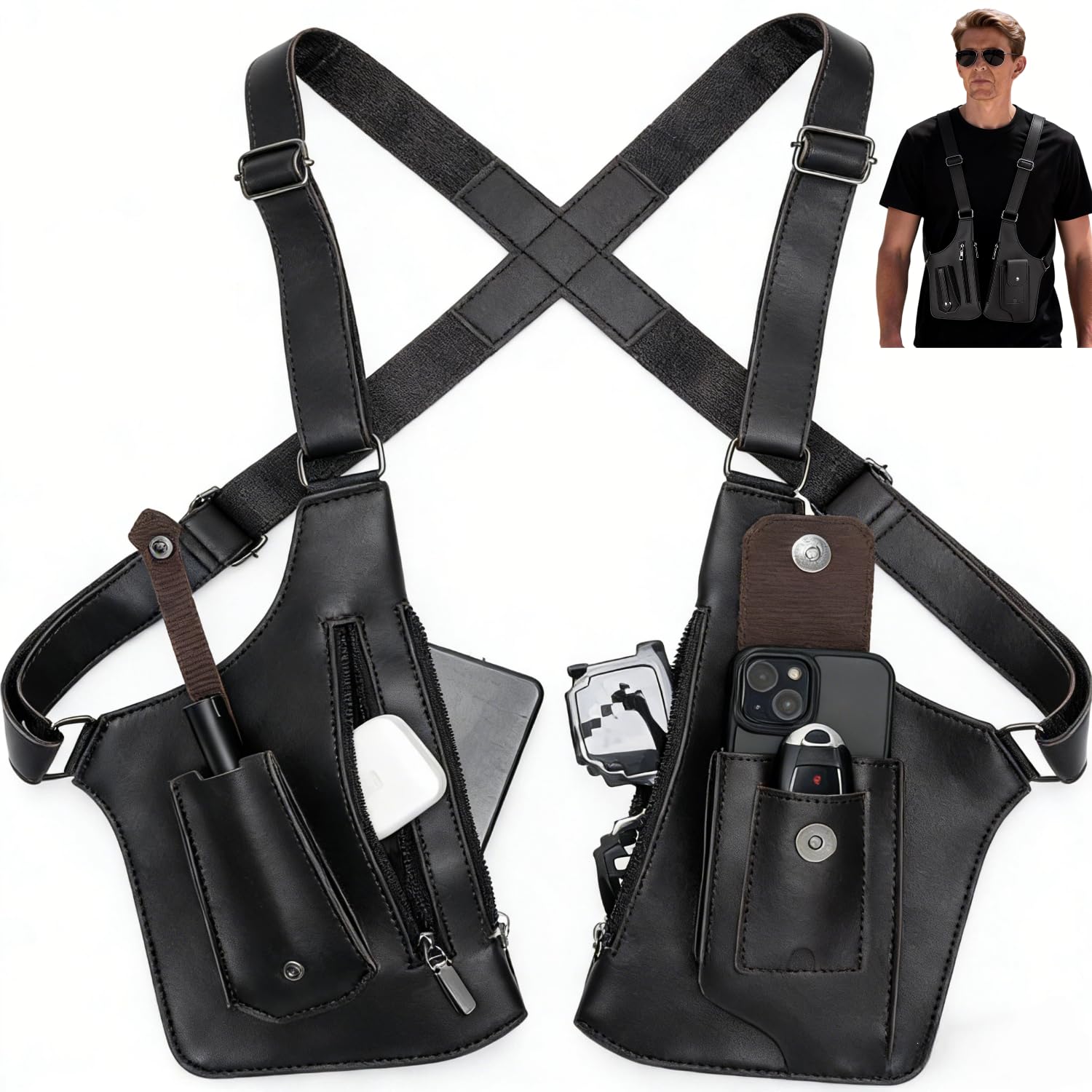 Double Shoulder Armpit Bag for Men Fashion Leather Double Shoulder Straps Holster Wallet Adjustable Oxford Cloth Underarm