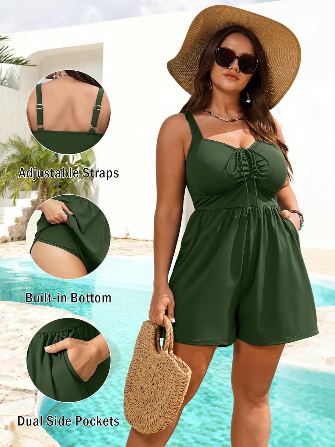 SCOMCHIC Plus Size Swim Romper One Piece Swimsuit Women Bathing Suit with Pockets Modest Swimwear with Shorts - Image 4