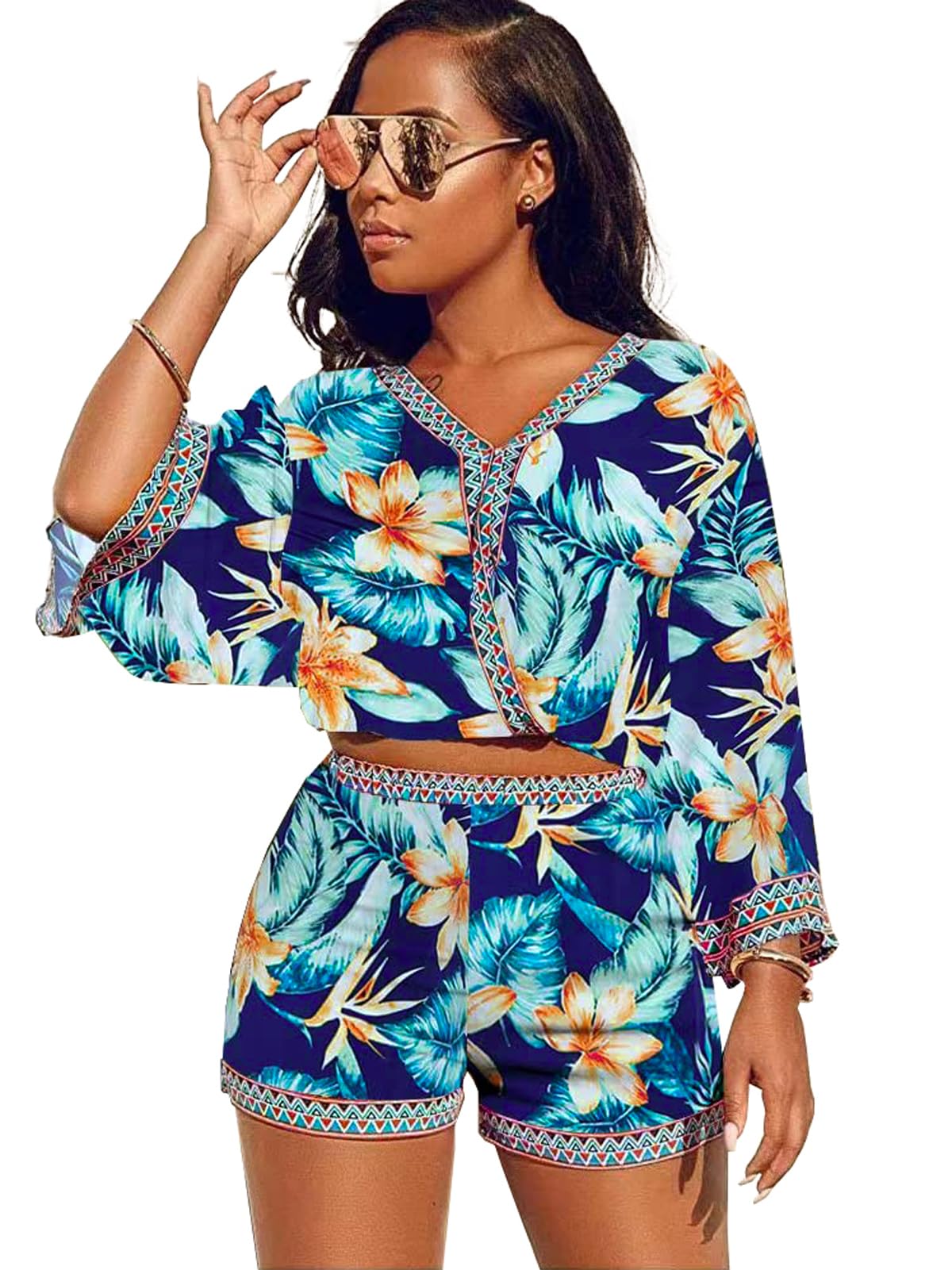 2 Piece Outfits for Women Summer Two Piece Crop Top Shorts Set Boho Floral Print Romper Jumpsuit