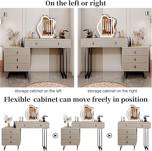 Miniatura 5 de Ieejdn Moderna mesa de tocador, tocador de maquillaje retráctil con mesita de noche, con espejo iluminado y 5 cajones espaciosos, esencial para el