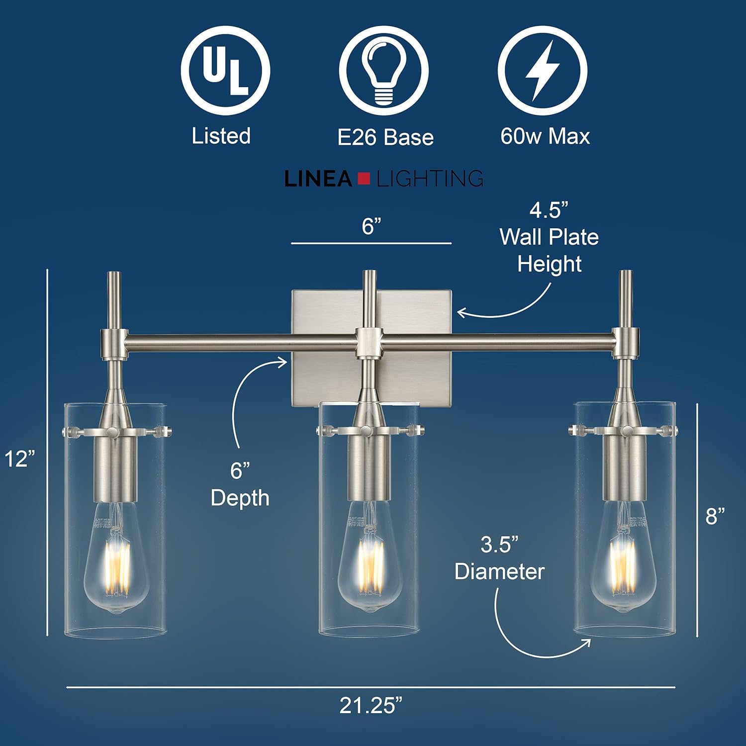 Linea di Liara Effimero Modern Farmhouse Bathroom Vanity Lights Fixtures 3 Lights Over Mirror Brushed Nickel Vanity Lights For Bathroom Light Fixtures Industrial Lighting Clear Glass Covers, UL Listed