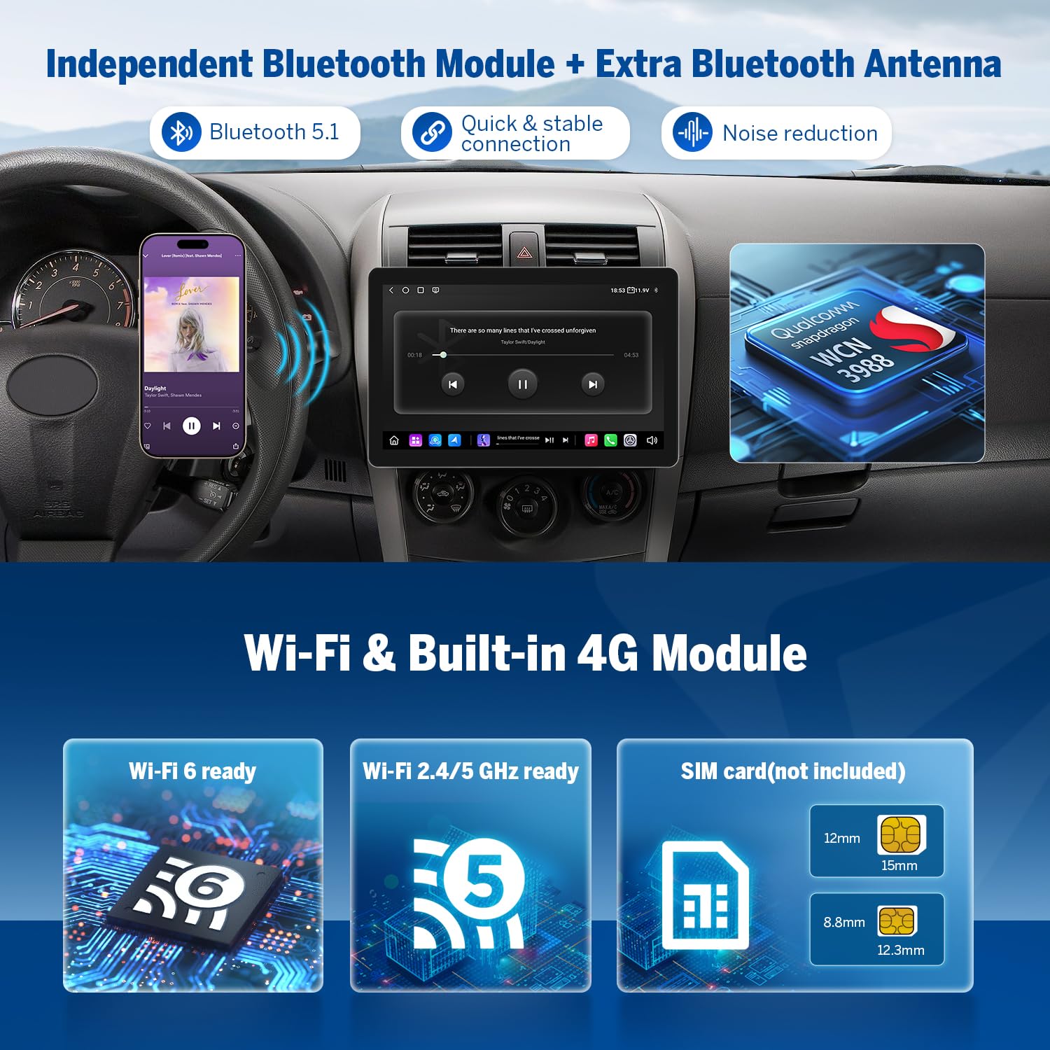 Eonon 10.95 Pulgadas, 8 núcleos, Android 13, 6+64 GB, 4G, GPS, 1 DIN, autorradio con CarPlay, Android Auto, DSP, Bluetooth, Pantalla Dividida, cámara de visión Trasera SD1X6S2