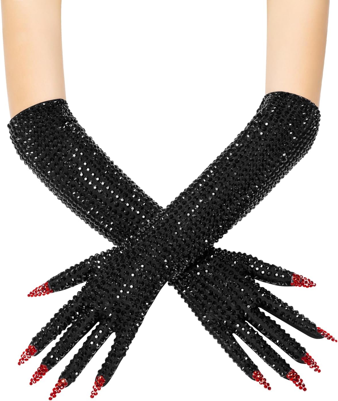 Long Black Sparkly Gloves with Rhinestone Embellishments Red Tips Nails Costume Accessory