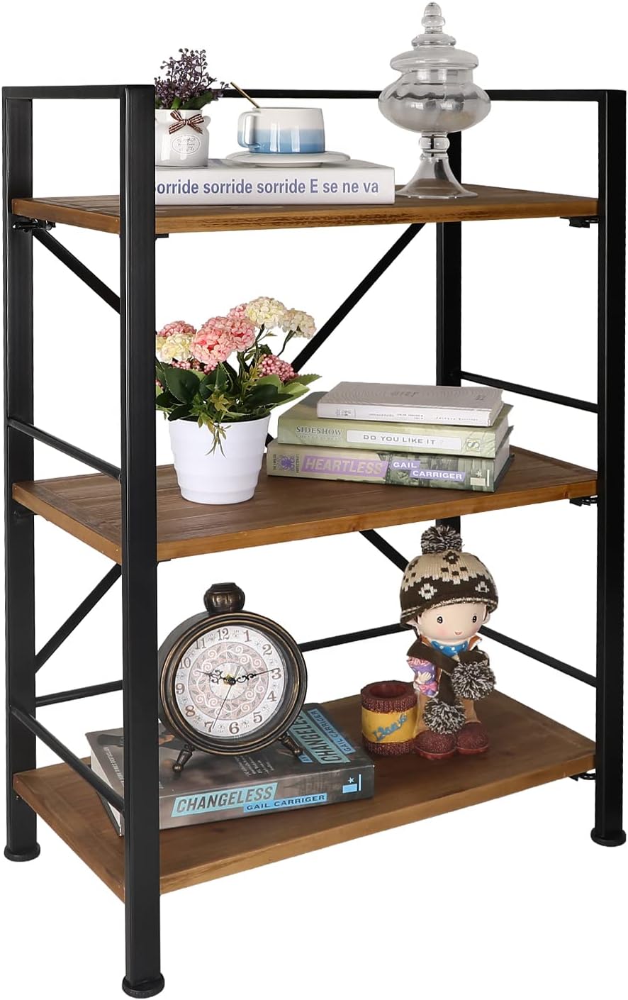 Crofy Rustic Bookshelf, 3 Tier Real Wood Bookshelf, Metal Book Shelf for Storage, Black Bookcase, 12.6" D x 23.62" W x 36.61" H Black 3 Tier
