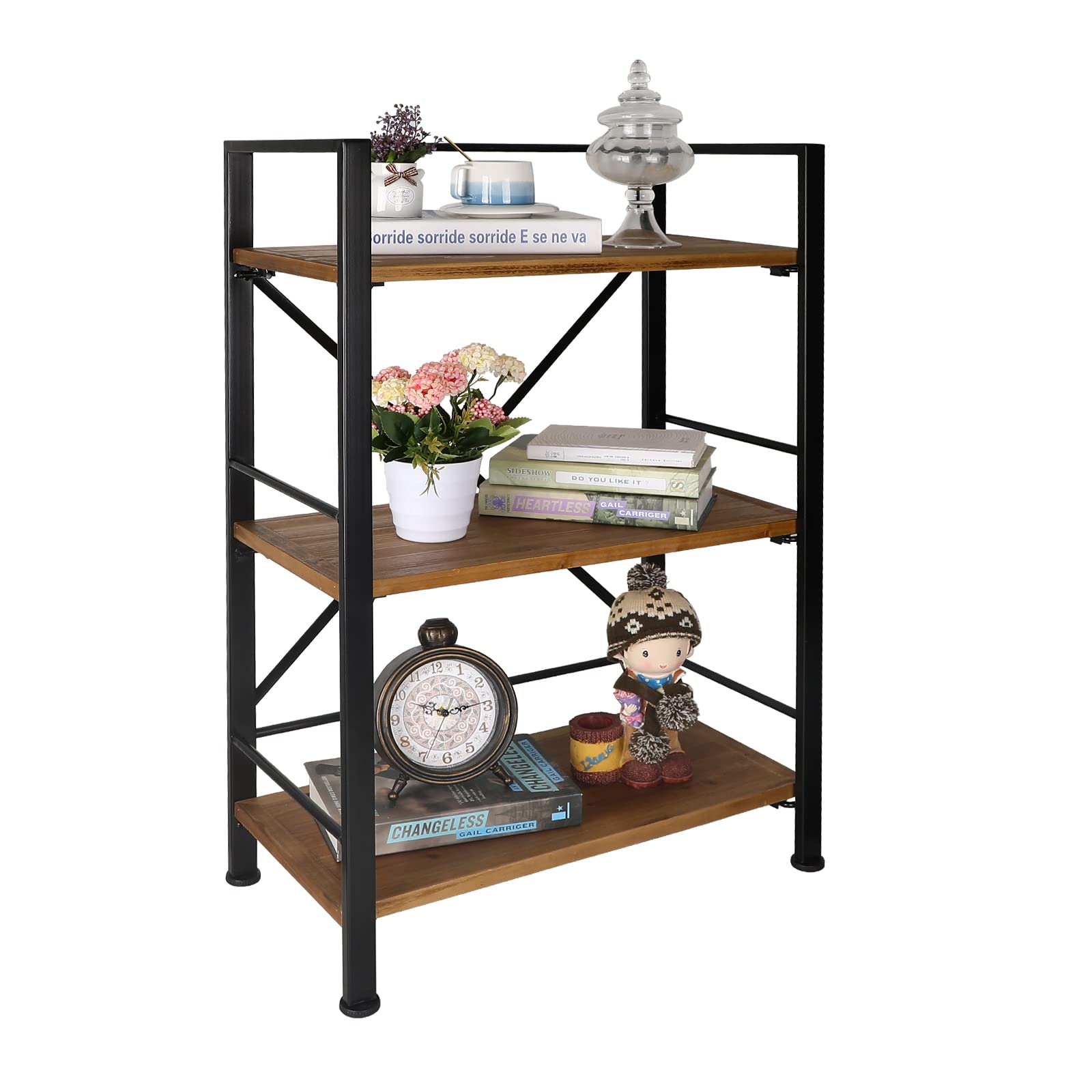 Photo 1 of Crofy Rustic Industrial Style Bookshelf, 3 Tier Real Wood Bookshelf, Metal Book Shelf for Storage, Vintage Bookcase for Office Organization and Storage, 12.6 D x 23.62 W x 36.61 H Inches, Black Black 3 Tier