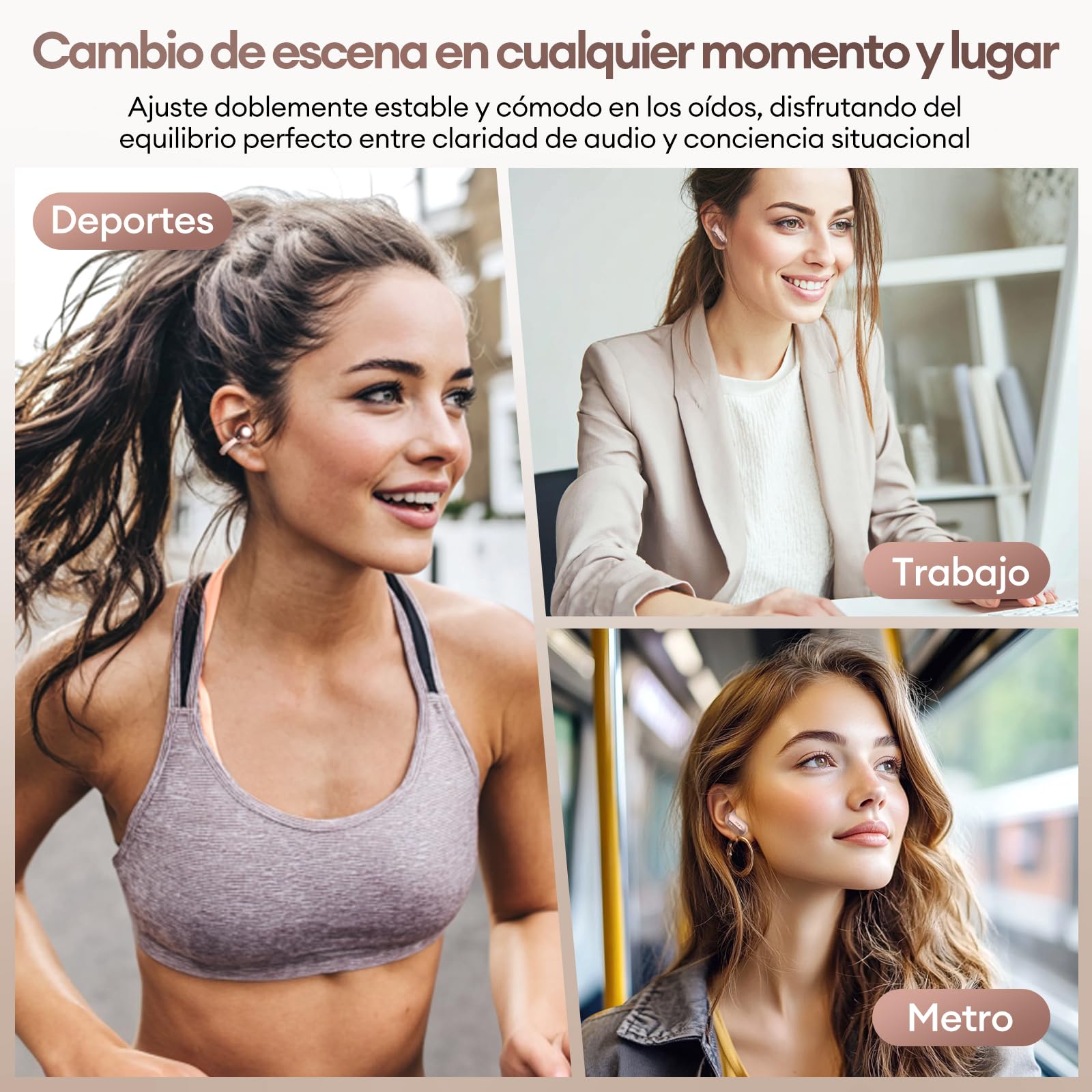 2 en 1 Doble Auriculares Inalámbricos Bluetooth 6.0 0 Latencia, Audifonos Deportivos Abiertos con Clip, 140H Autonomía, Reconocimiento L/R, Reducción Ruido Híbrido Trabajo/Deporte/Diario, Oro Rosa