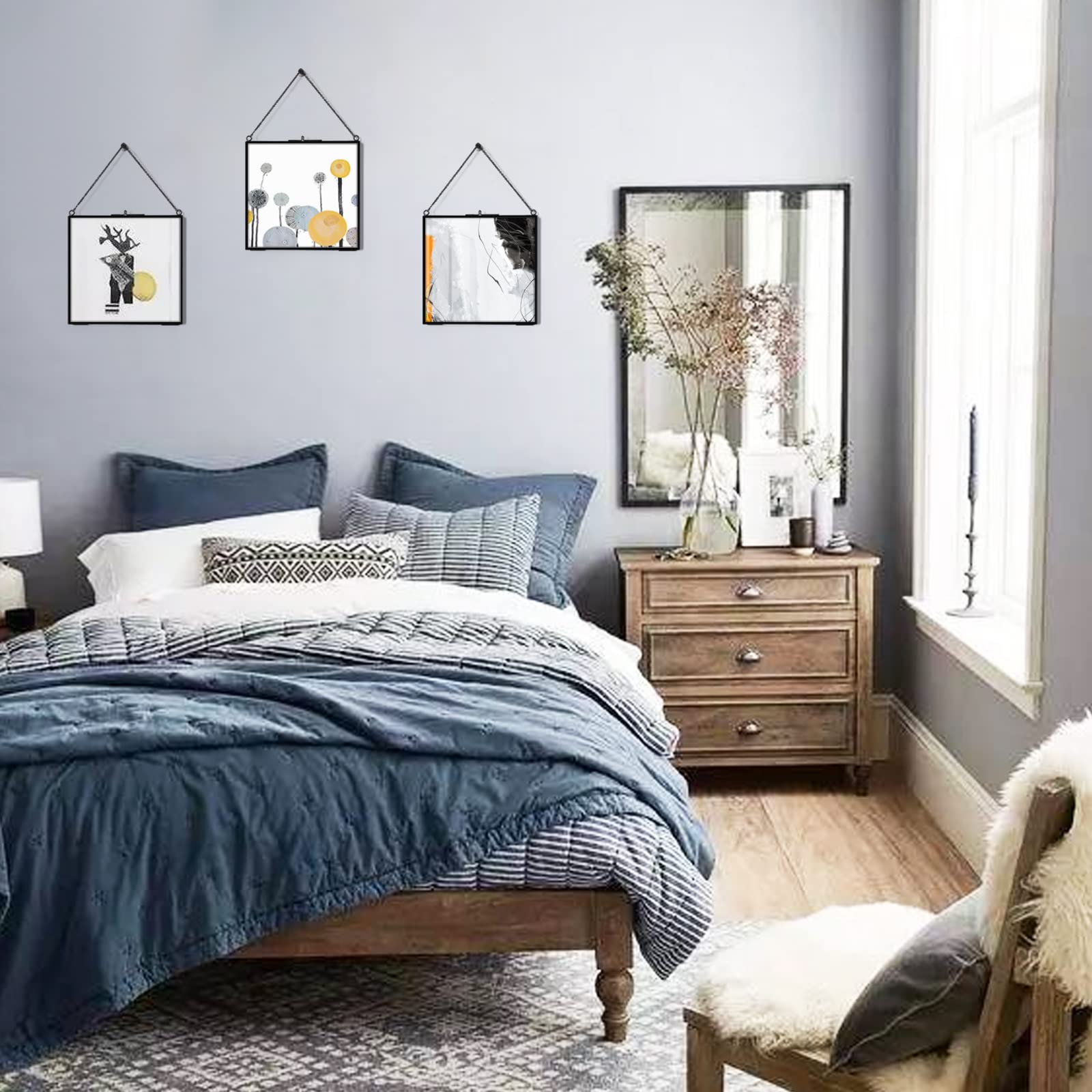 TLBTEK 2 PCS Black 8x8 inch Brass Hanging Photo Frame,Double Glass Frame for Pressed Flowers,Clear DIY Vintage Artwork Display Frame Wall Mounted Photos Frame