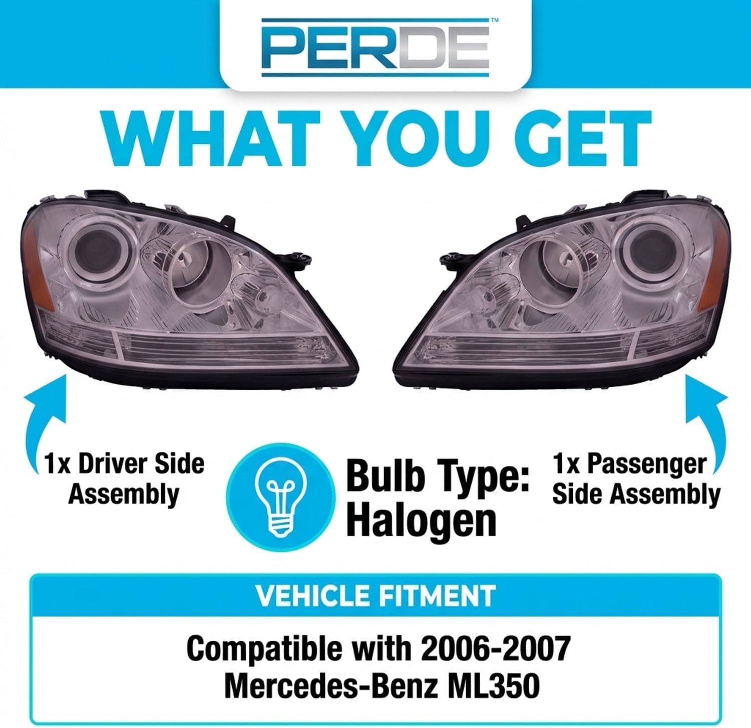 PERDE Headlight Set Chrome Housing W/Perf Lens Compatible with Mercedes-Benz 2006-2007 ML350
