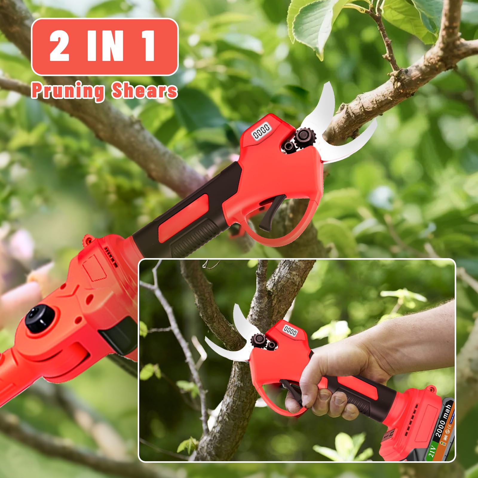Set professionale per potatura a batteria, orientabile a 180°, con display numerico, 2 batterie da 2000 mAh, tracolla, guanti, occhiali di protezione, coltello di ricambio per albero di frutta