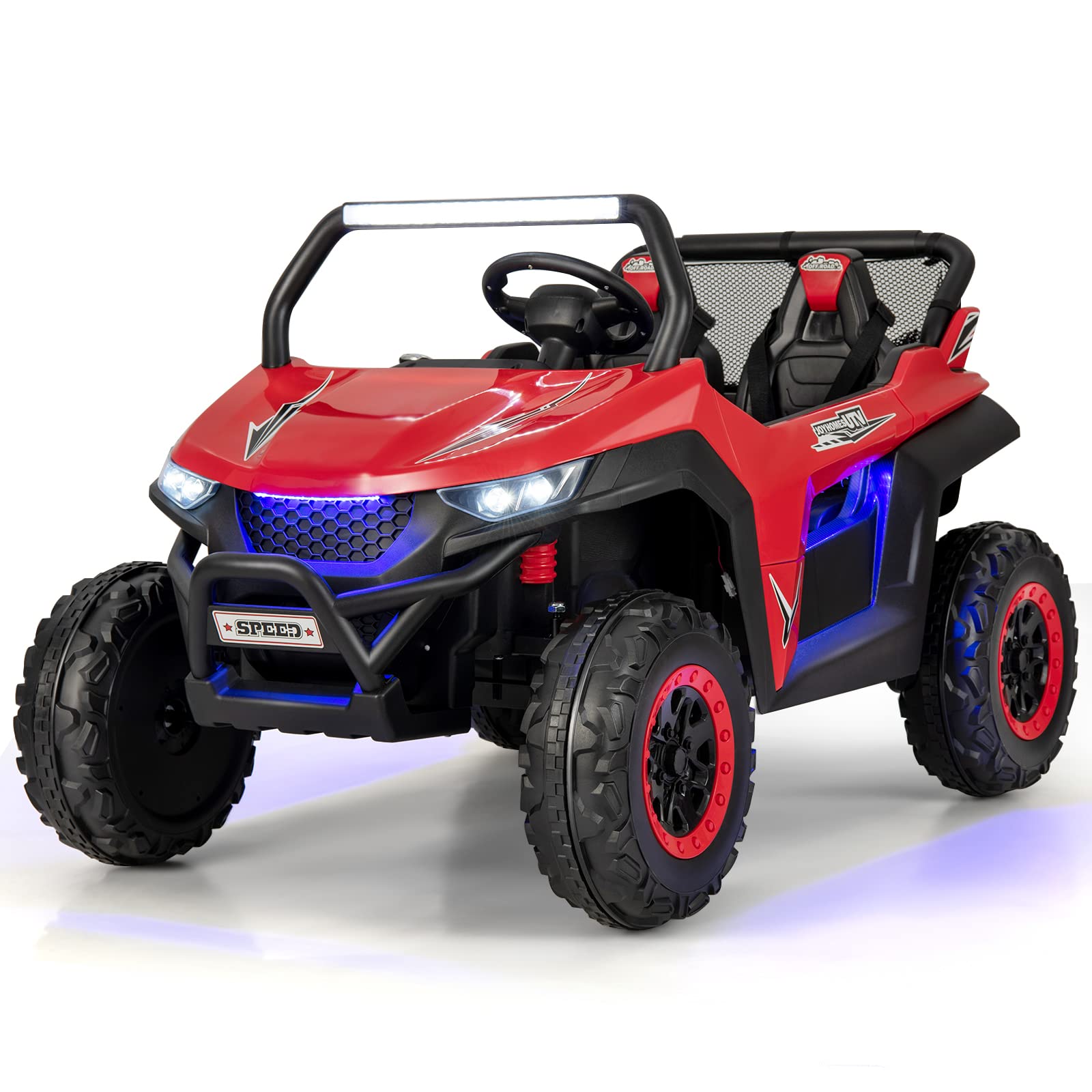 GOPLUS Samochód elektryczny dla dzieci, 12 V, 2-osobowy pojazd z pilotem 2,4 GHz, reflektor, muzyka, fajne świetlne efekty i torba do przechowywania