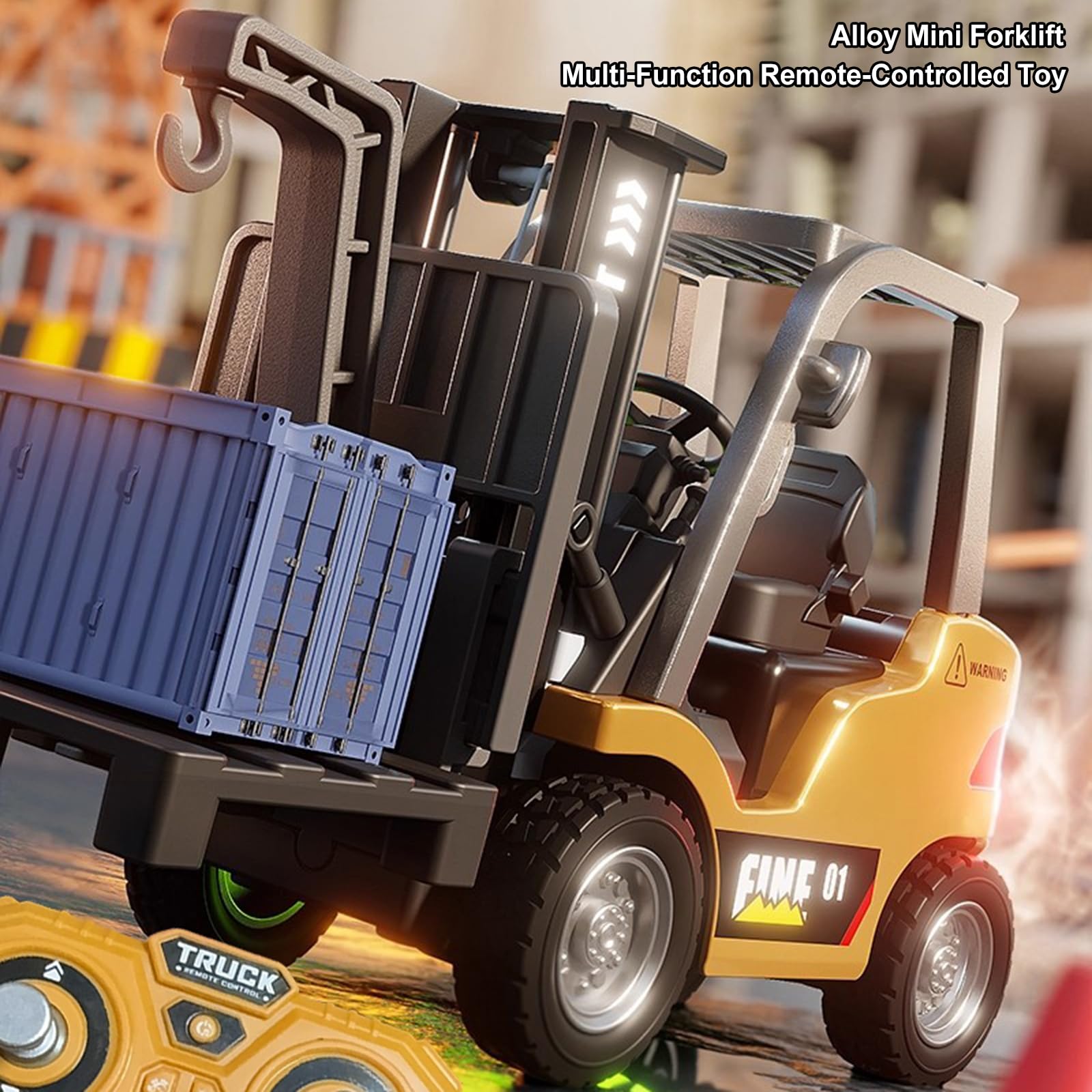 2set 1/64 Full Proportional RC Forklift Toy, Alloy Forklift Toy Car Model 2 in 1 Transformable Lift Fork & Hook Engineering Vehicle Tabletop Toys with Lights & Sounds Gifts for 4+ Kids