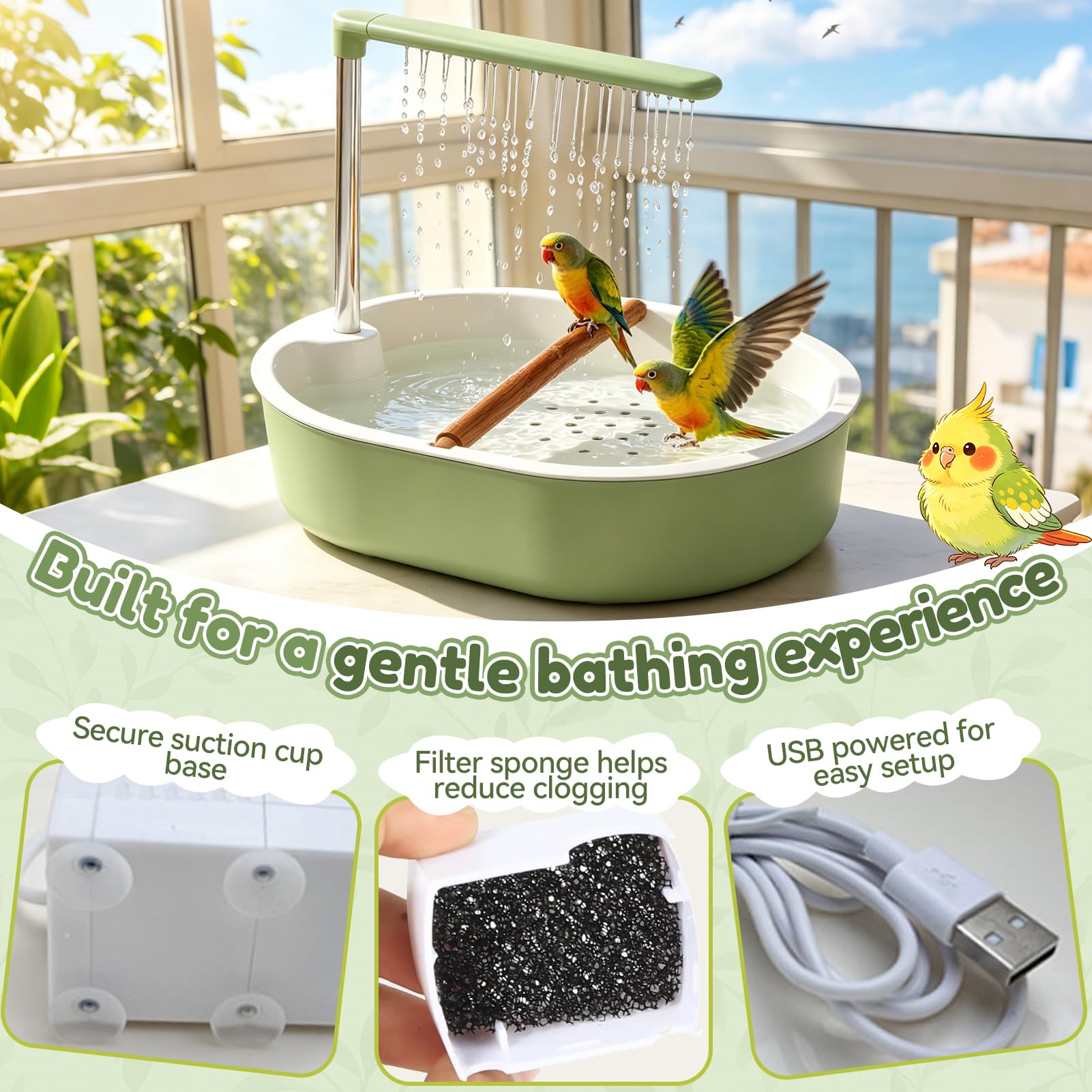 Vogeldusche Wellensittich, Vogel Badewanne mit Dusche, USB-betriebenes Vogelbad mit Wasserzirkulation, Vogel Badehaus mit Sitzstange, Rutschfester Boden, für kleine Vögel und Wellensittiche