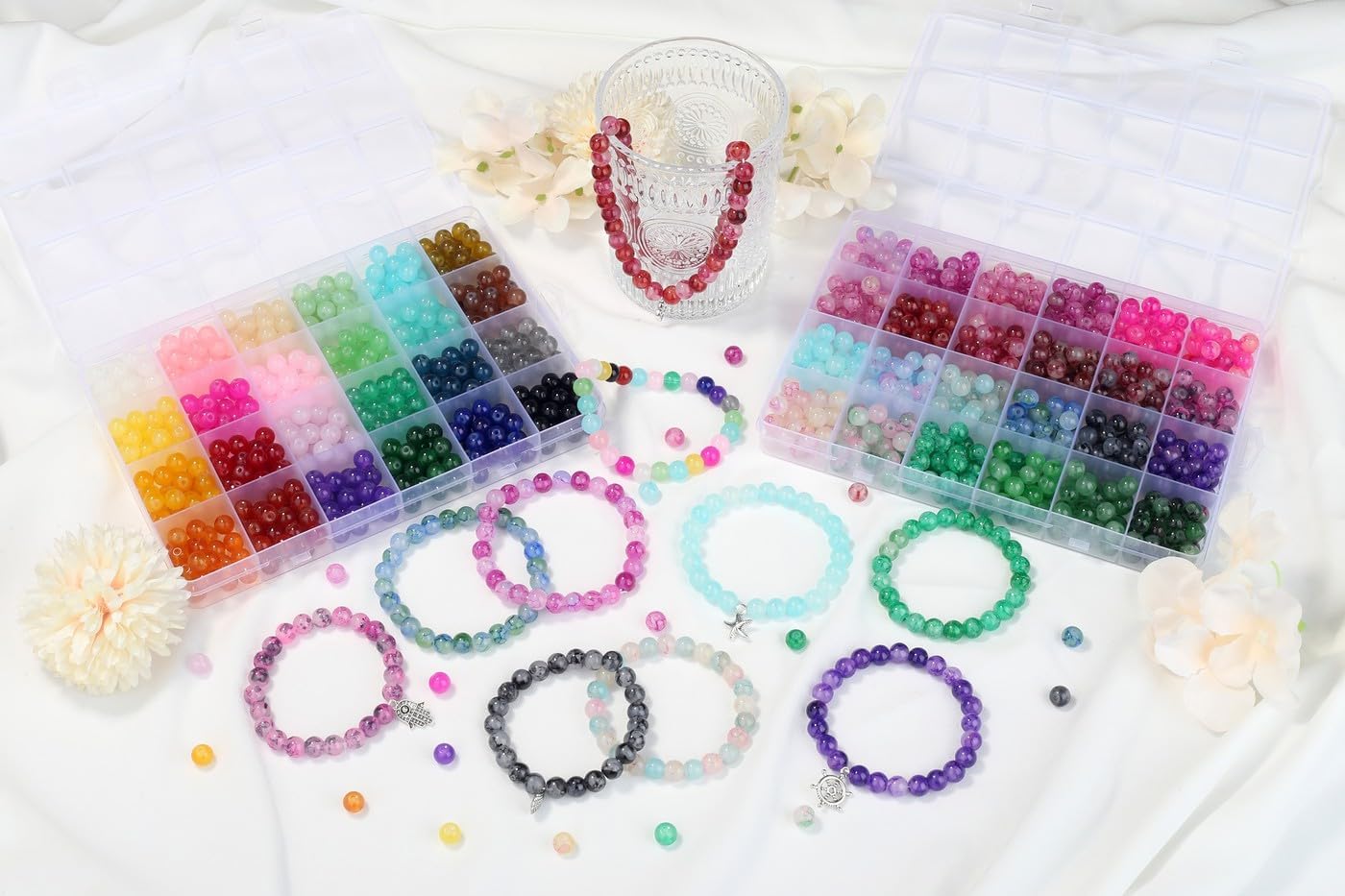 LAIDANLA 1400PCS 8mm Printing Solid Round Glass Beads for Bracelets Jewelry DIY Making, 48 Colors Glass Crystal Beads Making Kit
