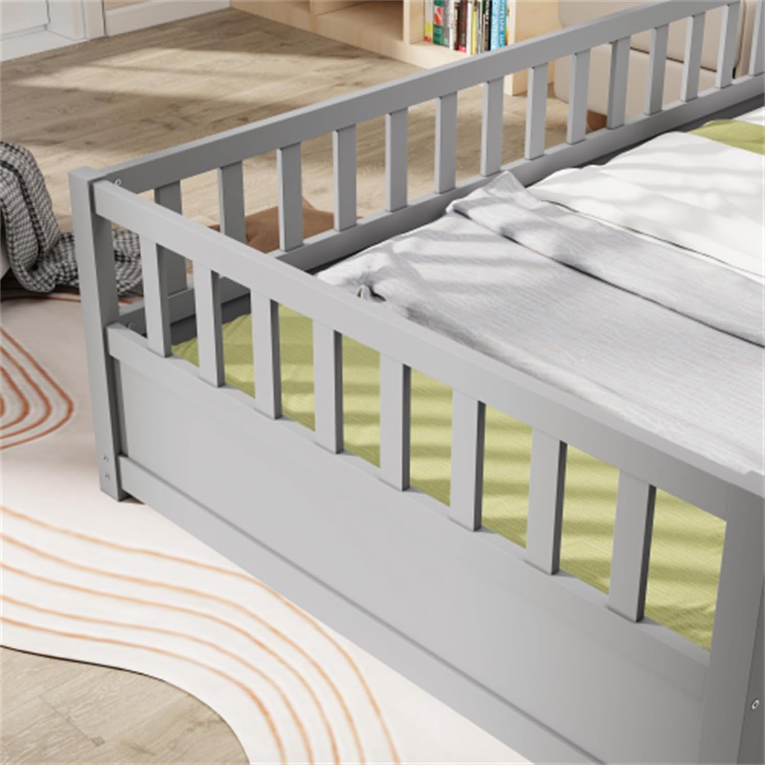 Twin Size Floor Bed, Integral Construction with Super high Security Barrier, Door, Children's Floor Bed Frame, Wooden Children's Floor Bed, Support Slat Grey