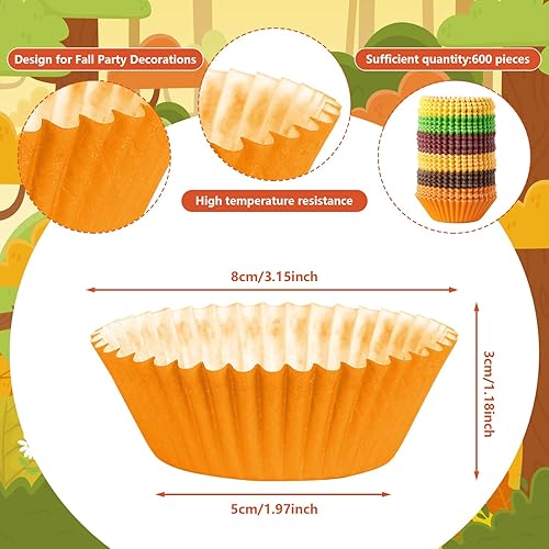 Miniatura 3 de GreenPine - 600 forros para cupcakes para hornear, color naranja, amarillo, marrón, soporte desechable para cupcakes de otoño, Acción de Gracias,