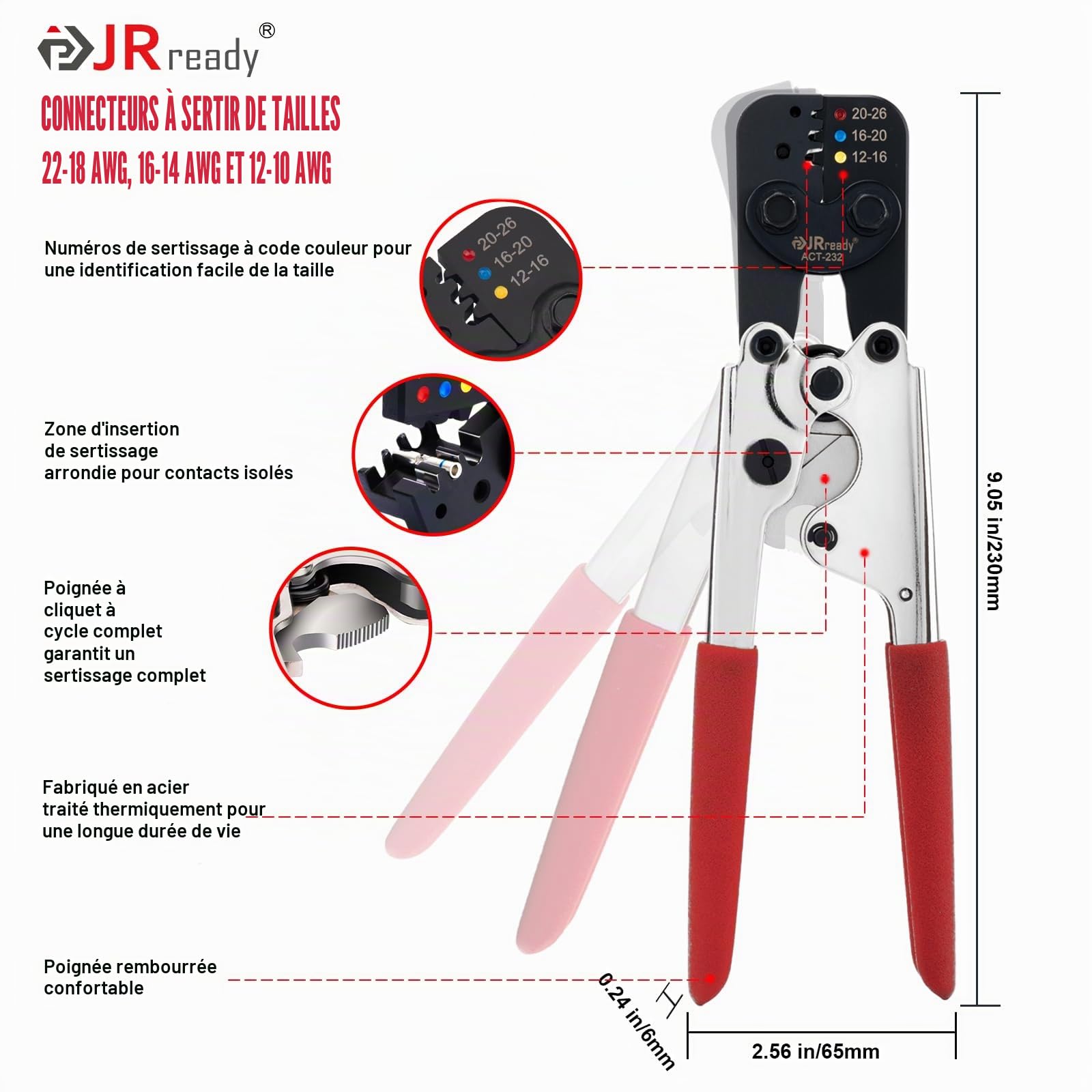 JRready ST6493-010 Kit de connecteurs étanches IP68 avec outil de sertissage ACT-232, connecteur épissure butt 12# 16# 20# & connecteur anti-choc PVDF/PE et jauge G411 Go-No Go