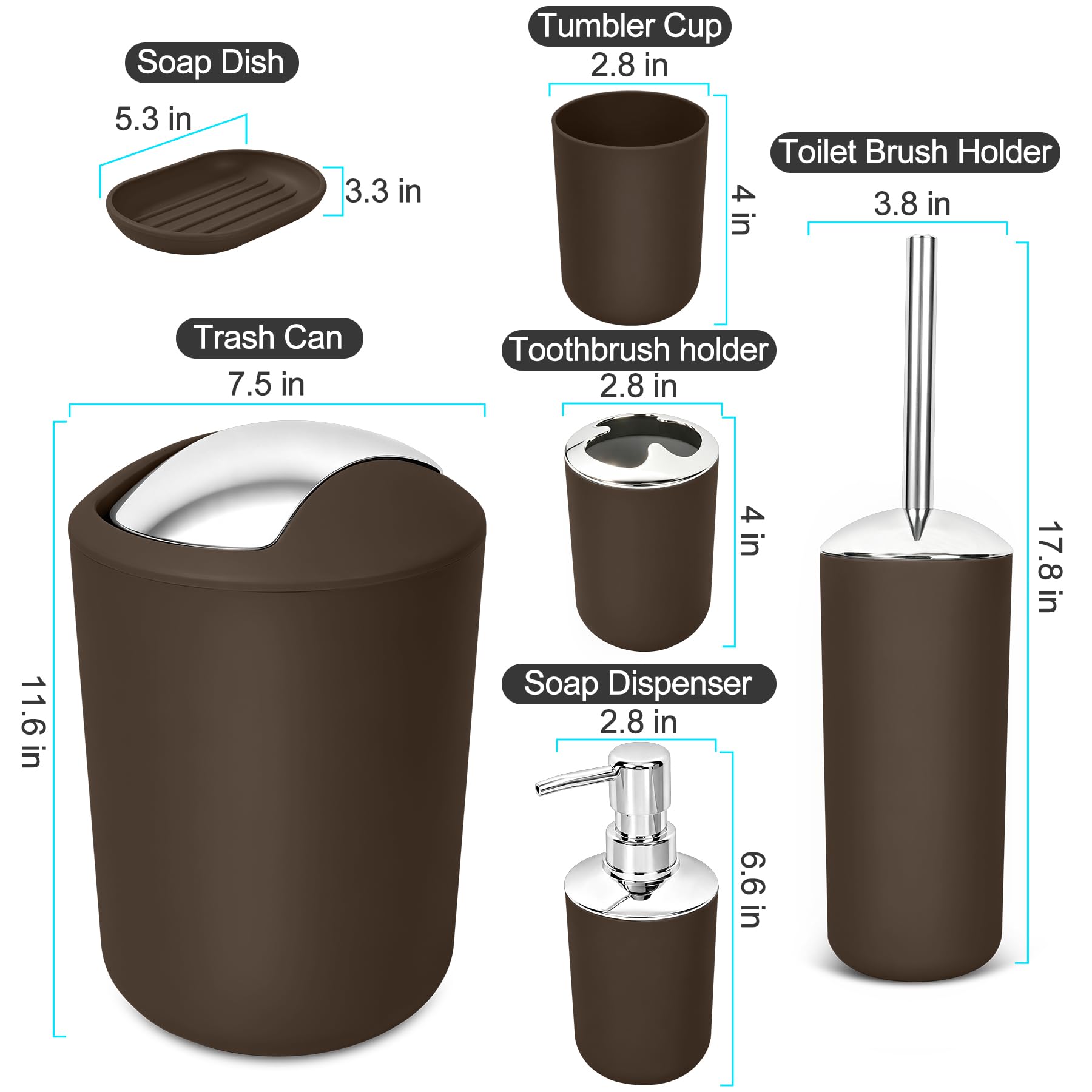 Papillon - Set di 6 accessori per il bagno, portaspazzolini con bicchiere, dispenser di sapone e piattino, scopino per WC e cestino (color caffè)