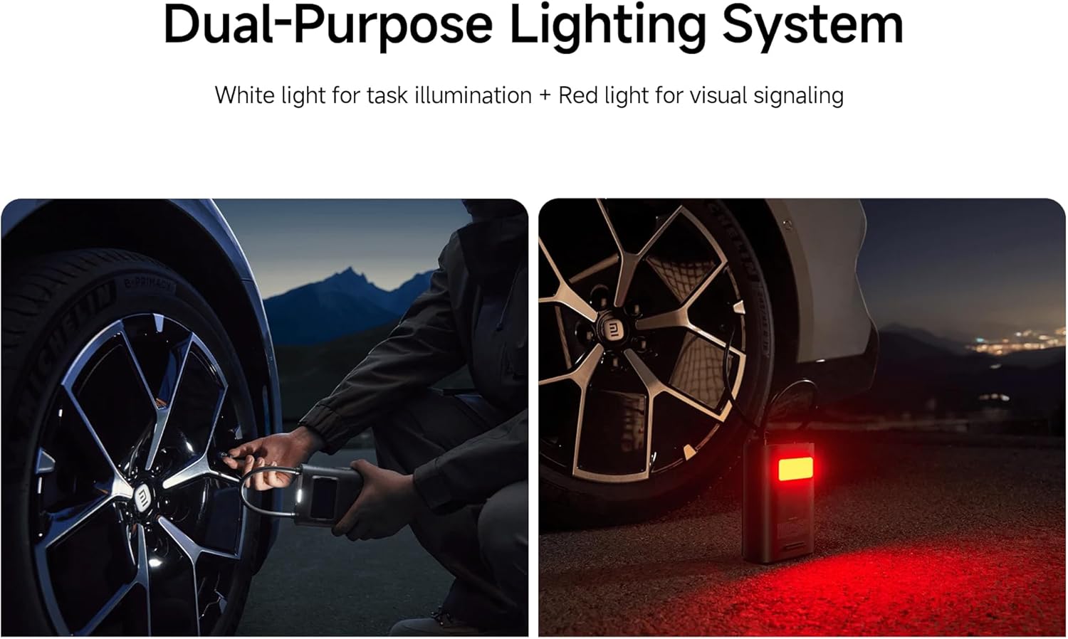 Two images side-by-side. The left shows a person using the white LED light to illuminate a car tire valve at night. The right shows the compressor standing upright with its red LED light flashing as a warning signal.