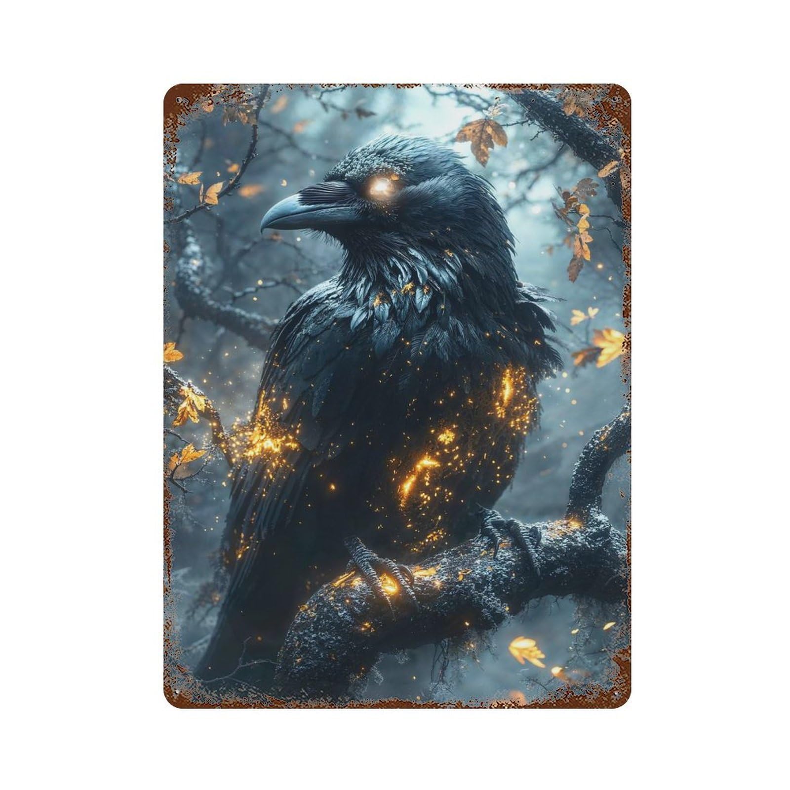 Mystical Raven with Glowing Feathers Vintage Wall Sign 15.7"x11.8", Rust Effect Metal Decor for Living Room, Hallway And Home Decor