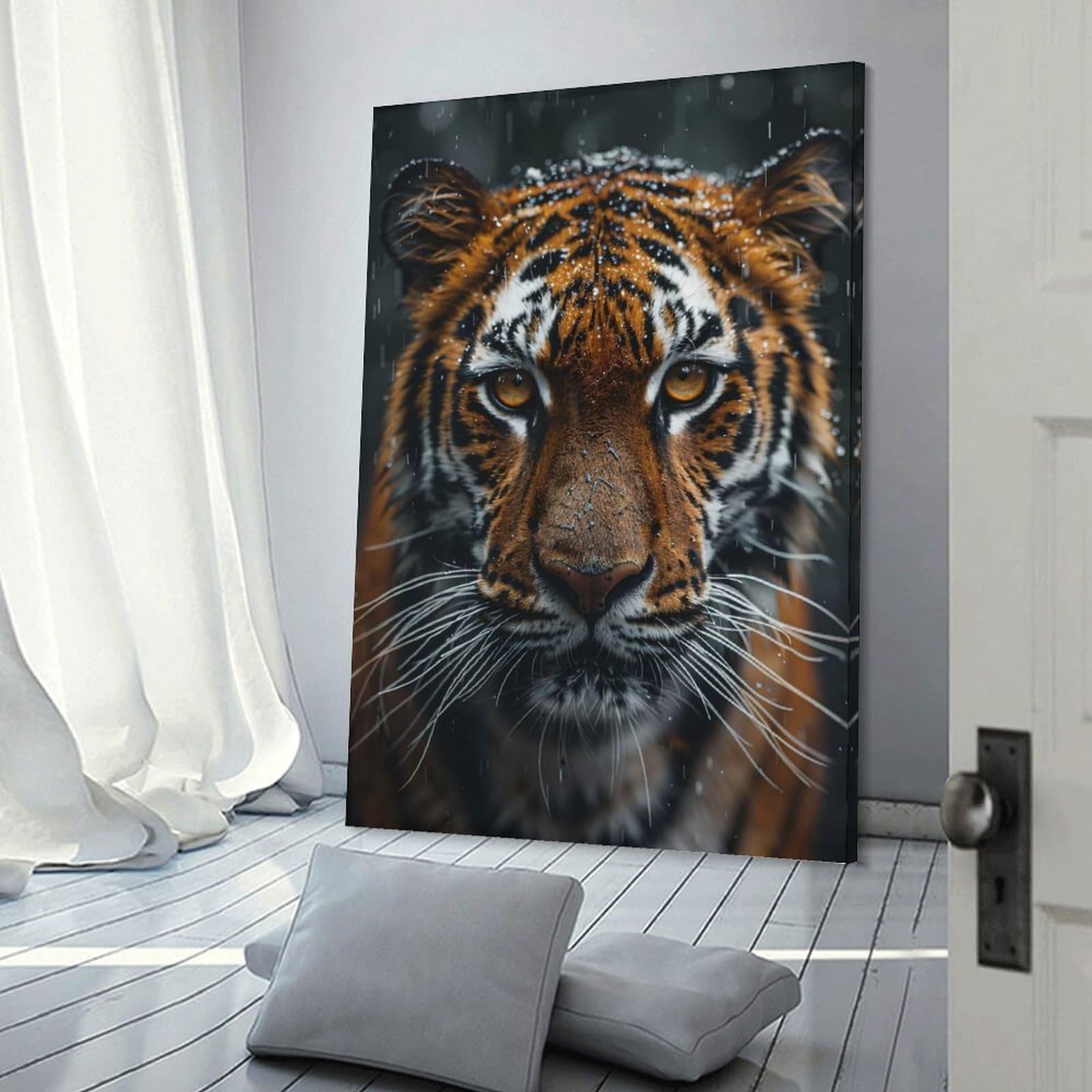 Junmoney Decorative Wall Artwork Tiger Portrait in The Rain, 20x30inch(50x75cm), for Calm Bedrooms, Home Corners Or Flats, An Easy Wall Refresh for Bedrooms