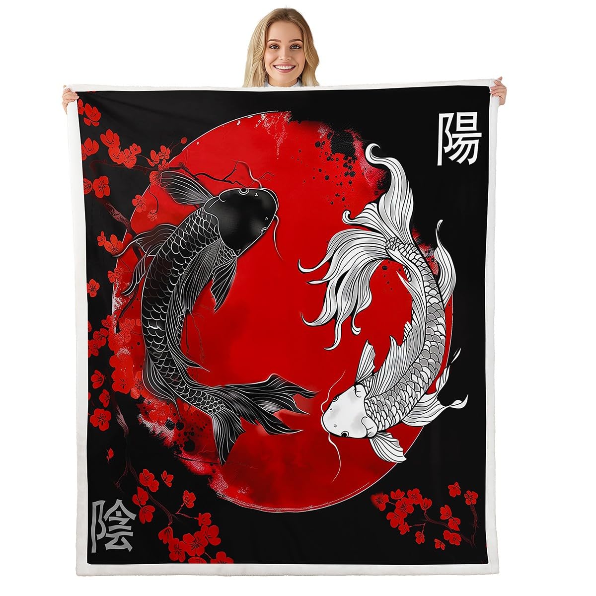 Couverture polaire yin yang carpe koï, le cadeau style japonais idéal