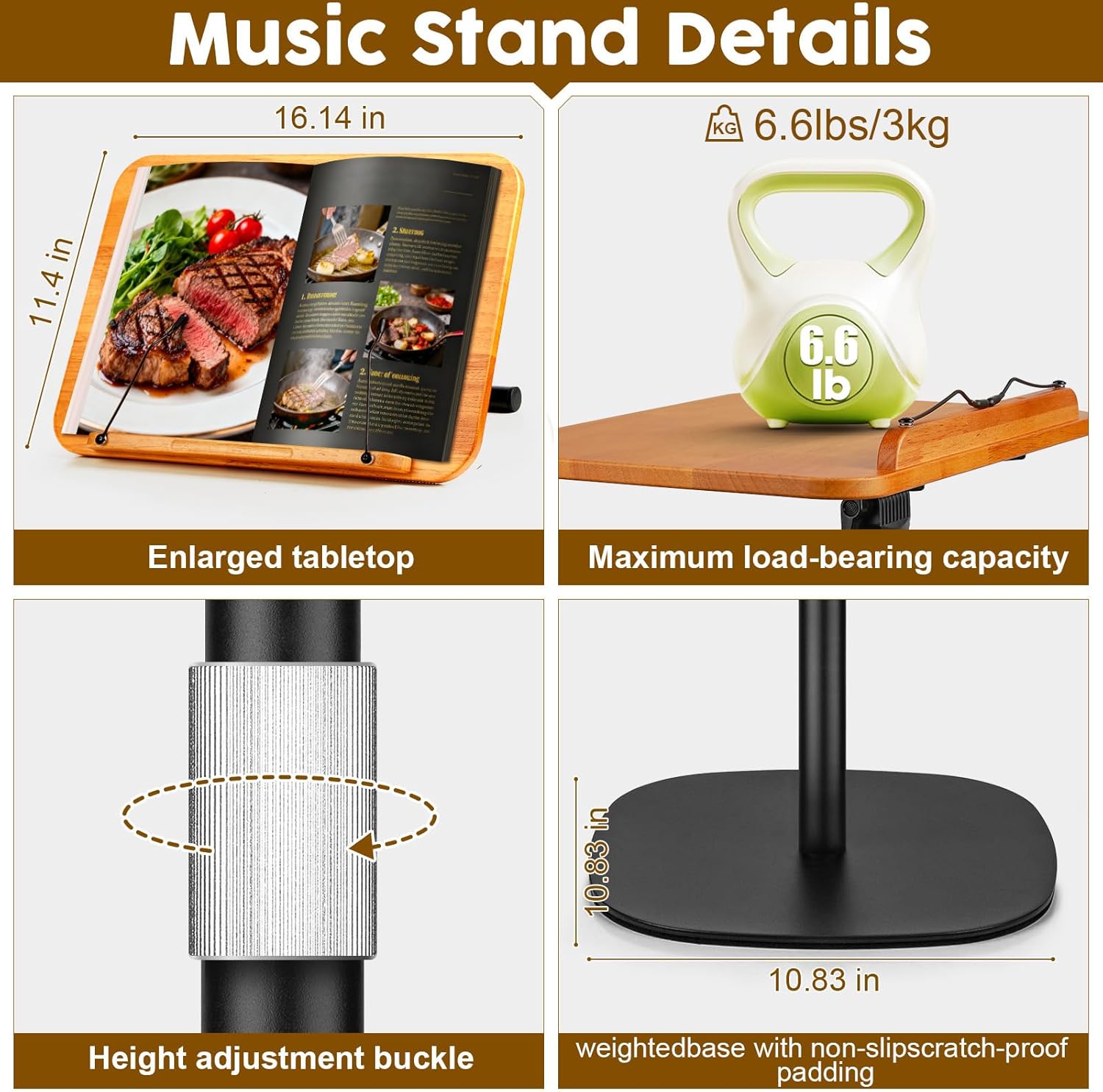 2 in 1 Dual-use Music Stand & Desktop Book Stand, Adjustable Height 16.5"-51", 100% Solid Wood Laptop Floor Stand Book Holder with Page Clips for Cookbooks, Sheet Music (Brown)